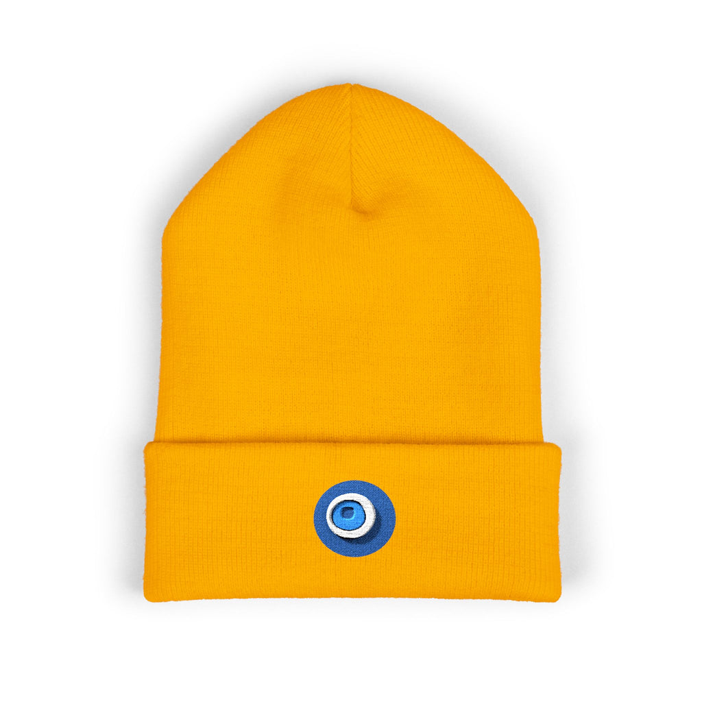 Evil Eye Embroidered Cuffed Beanie — Protective Blue Amulet Winter Hat