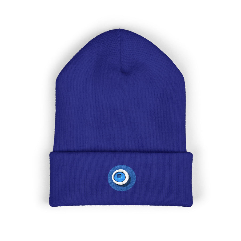 Evil Eye Embroidered Cuffed Beanie — Protective Blue Amulet Winter Hat
