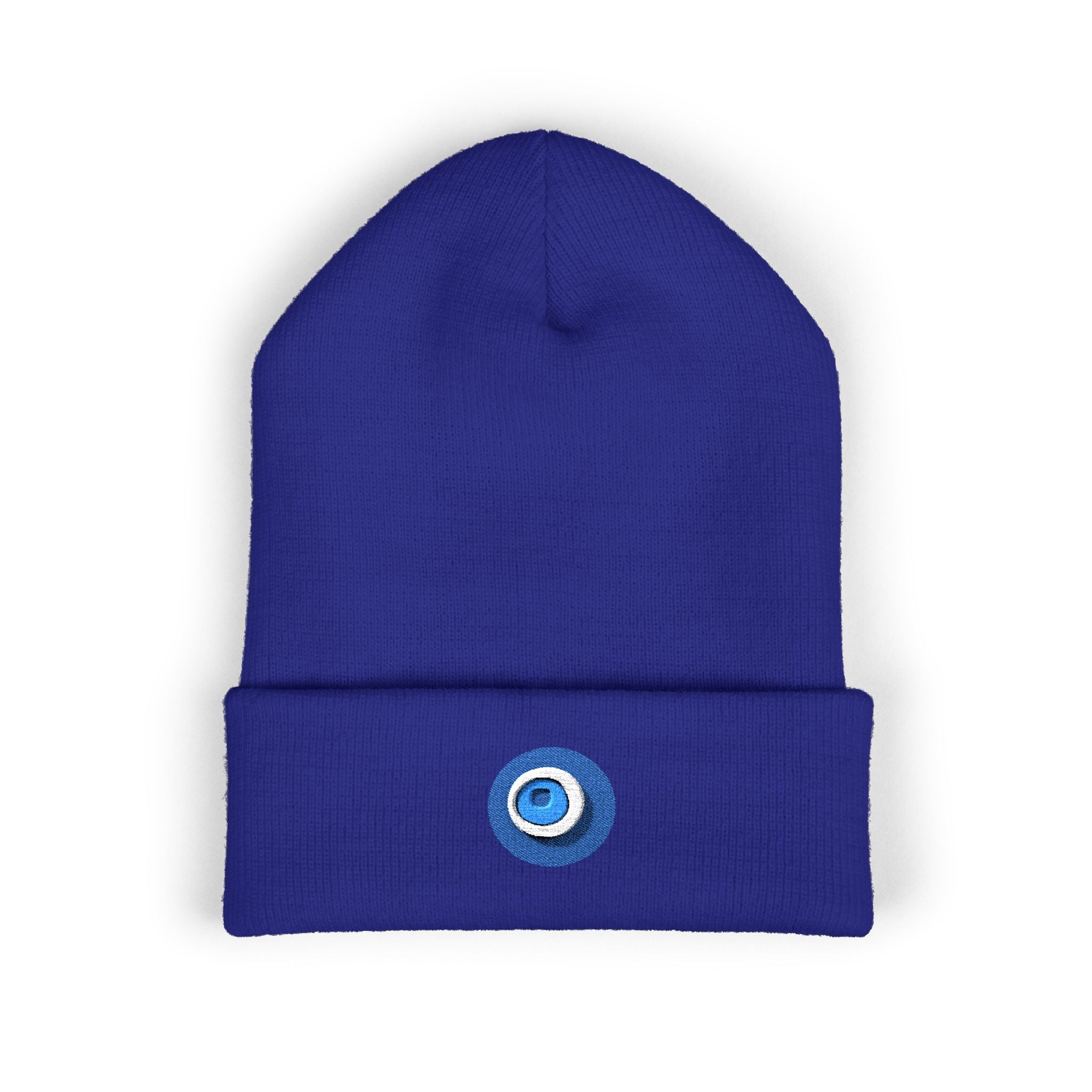 Evil Eye Embroidered Cuffed Beanie — Protective Blue Amulet Winter Hat