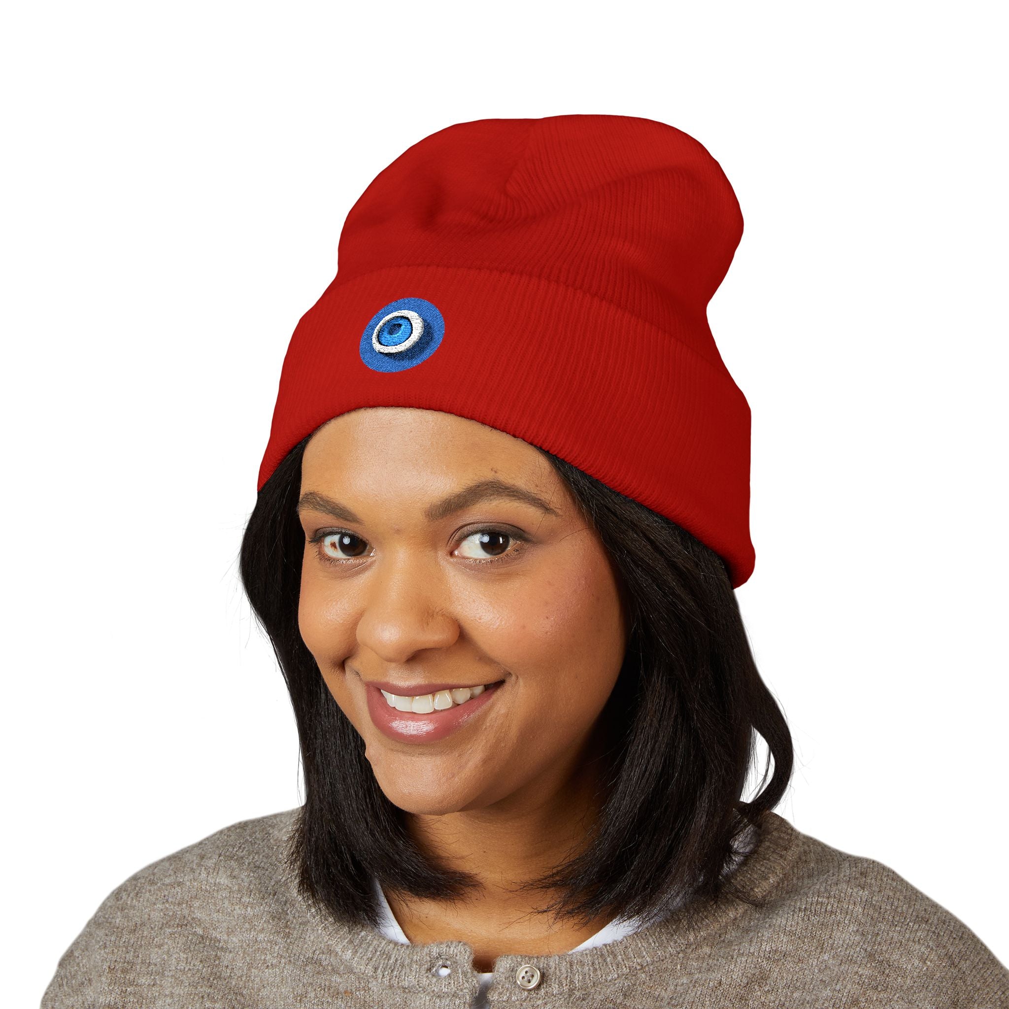 Evil Eye Embroidered Cuffed Beanie — Protective Blue Amulet Winter Hat