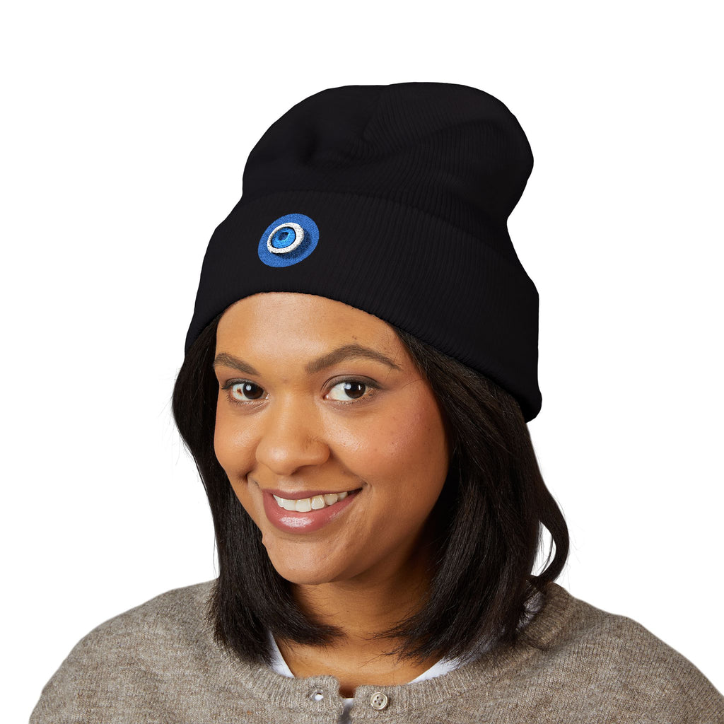 Evil Eye Embroidered Cuffed Beanie — Protective Blue Amulet Winter Hat
