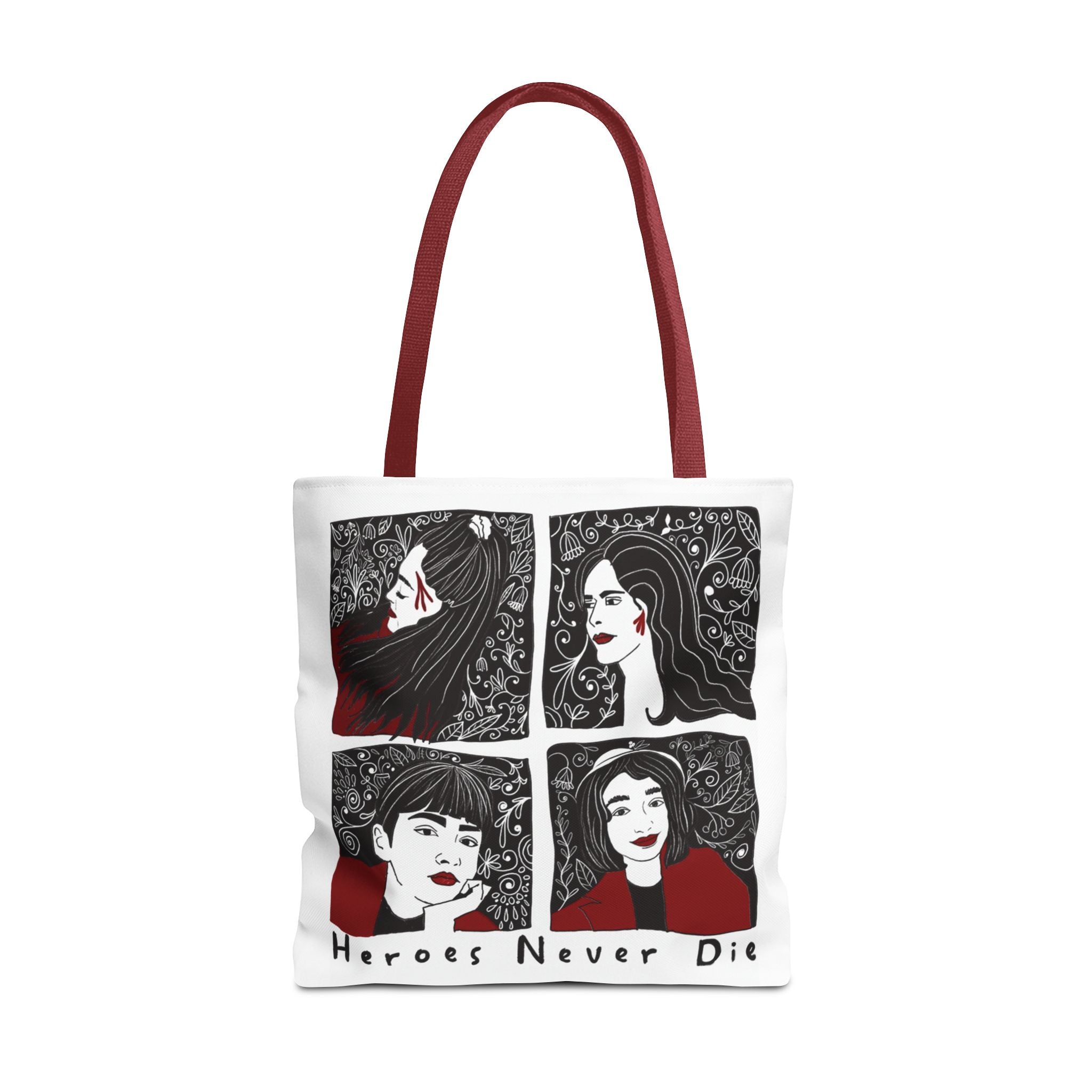 Heroes Never Die Tote Bag — Illustrated Female Portraits Printed Canvas Tote