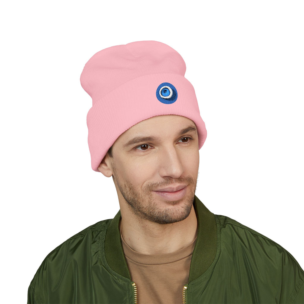 Evil Eye Embroidered Cuffed Beanie — Protective Blue Amulet Winter Hat
