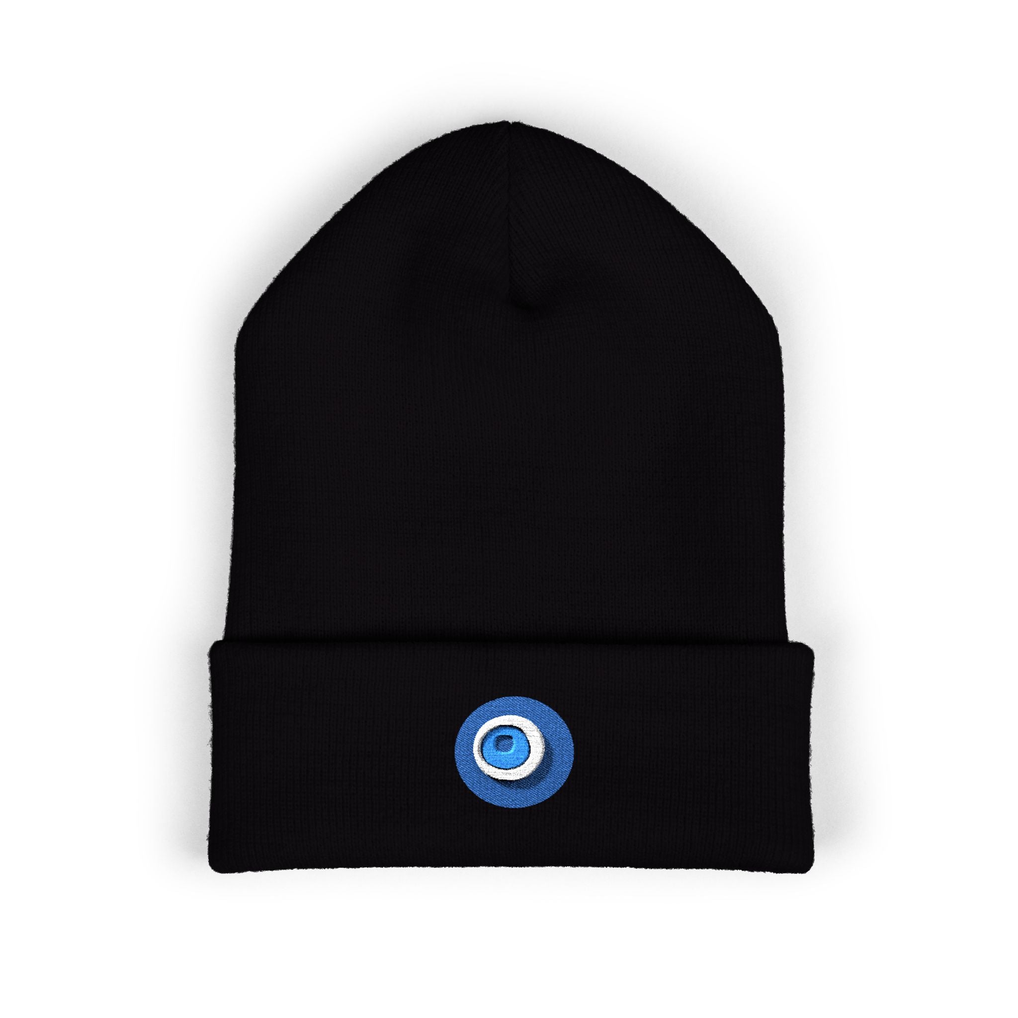 Evil Eye Embroidered Cuffed Beanie — Protective Blue Amulet Winter Hat