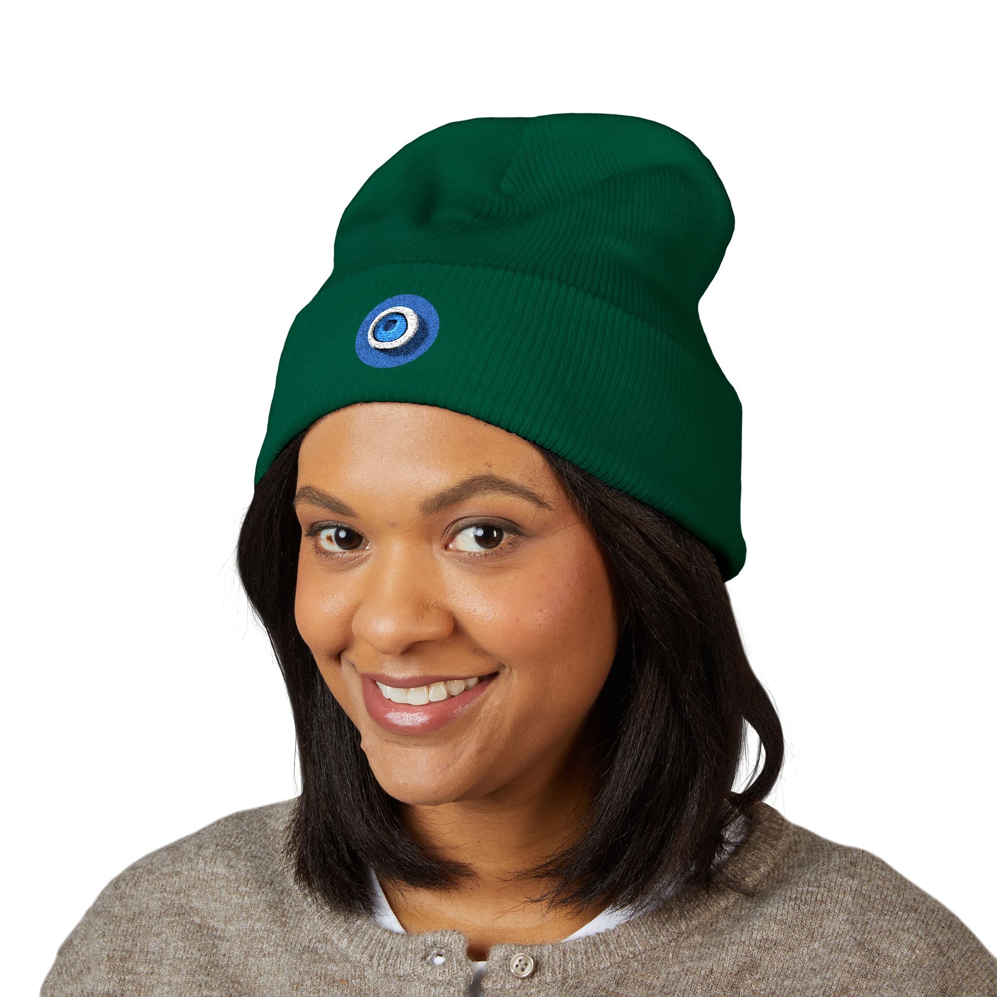 Evil Eye Embroidered Cuffed Beanie — Protective Blue Amulet Winter Hat