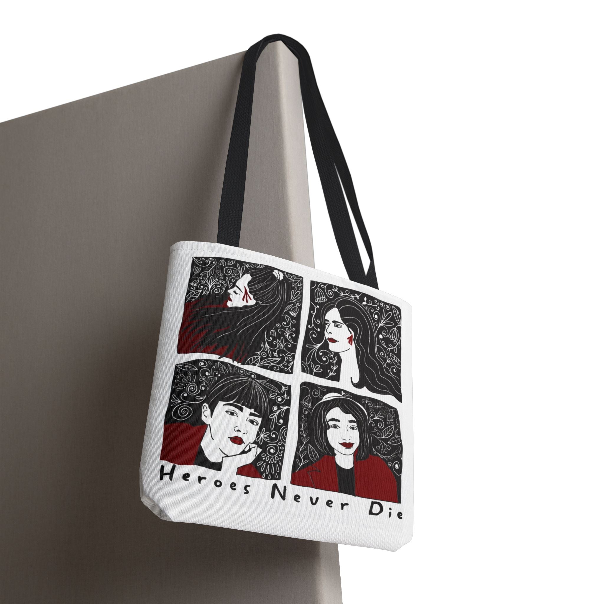 Heroes Never Die Tote Bag — Illustrated Female Portraits Printed Canvas Tote