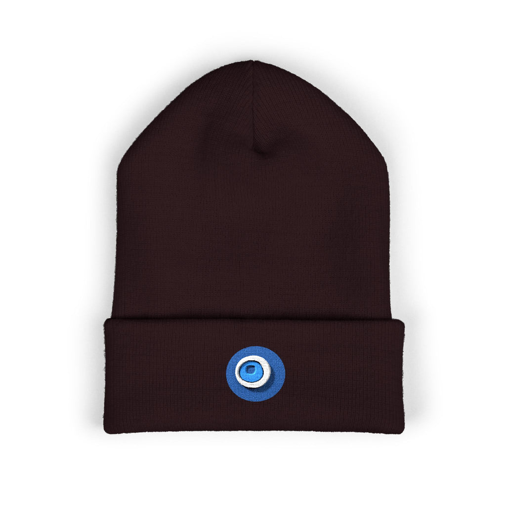 Evil Eye Embroidered Cuffed Beanie — Protective Blue Amulet Winter Hat