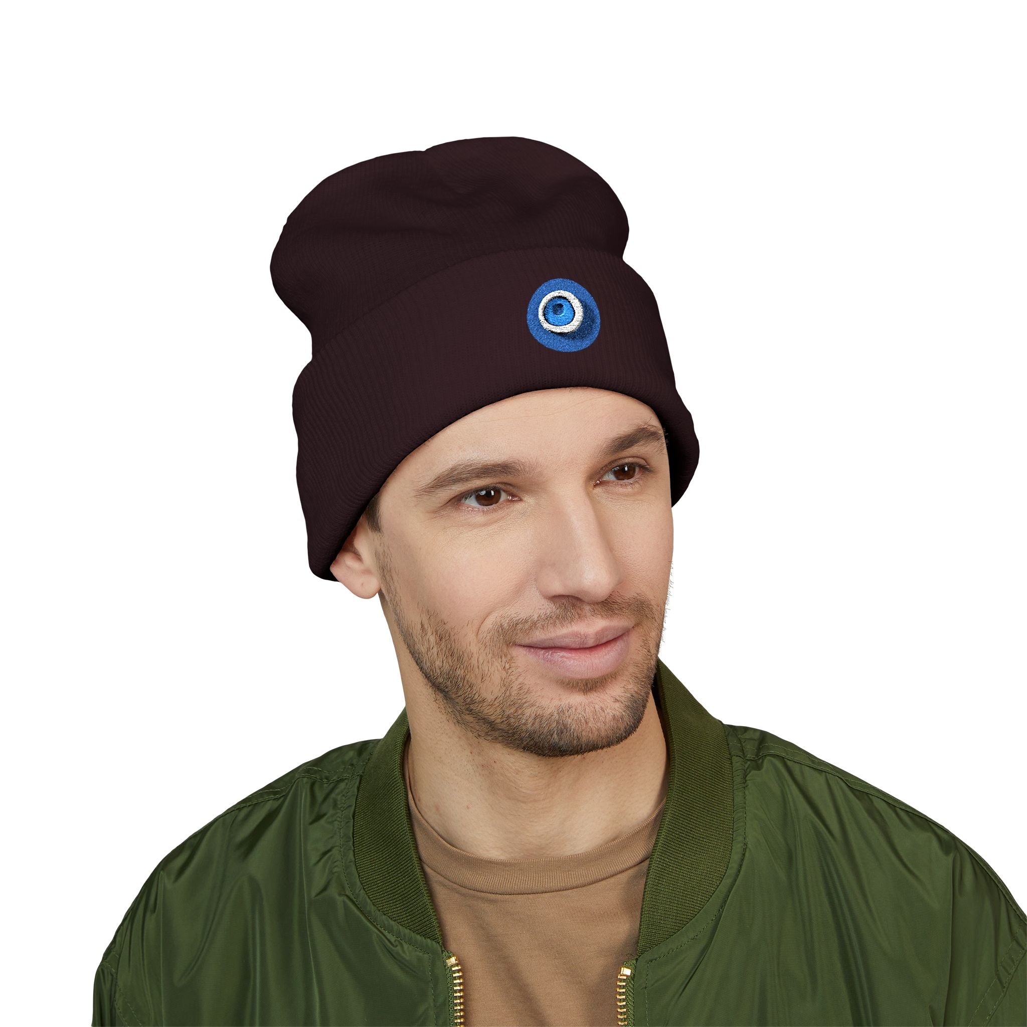 Evil Eye Embroidered Cuffed Beanie — Protective Blue Amulet Winter Hat
