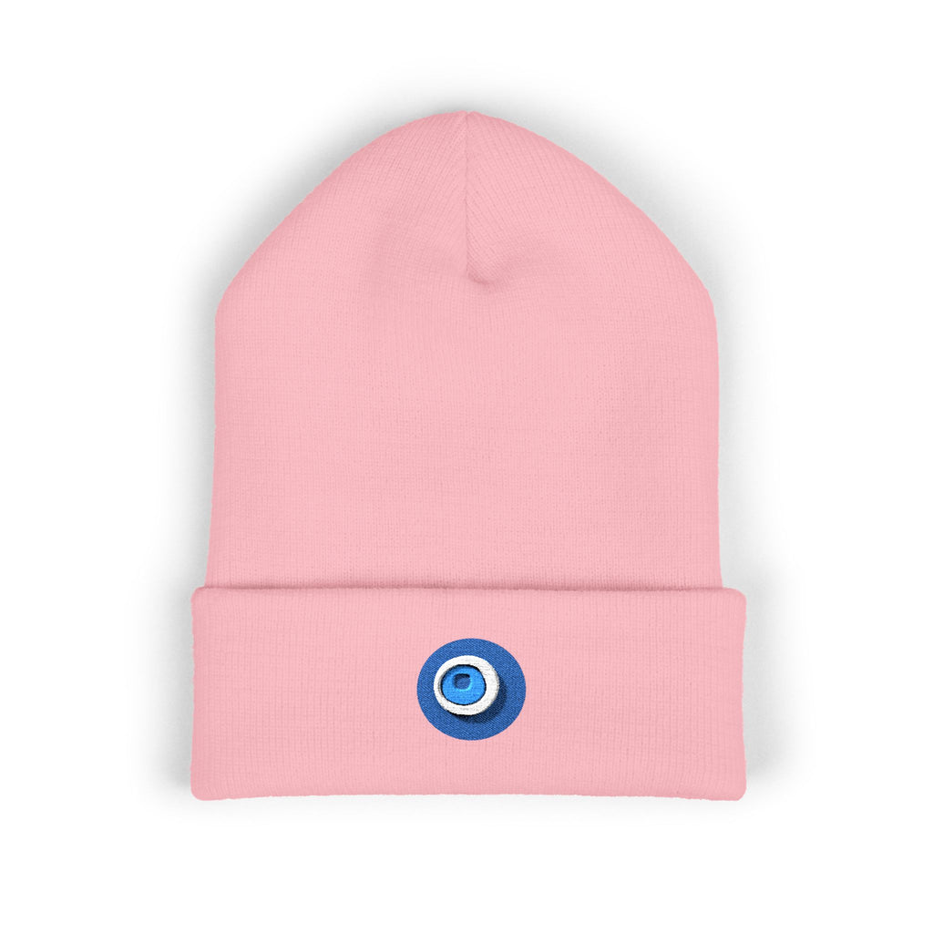 Evil Eye Embroidered Cuffed Beanie — Protective Blue Amulet Winter Hat