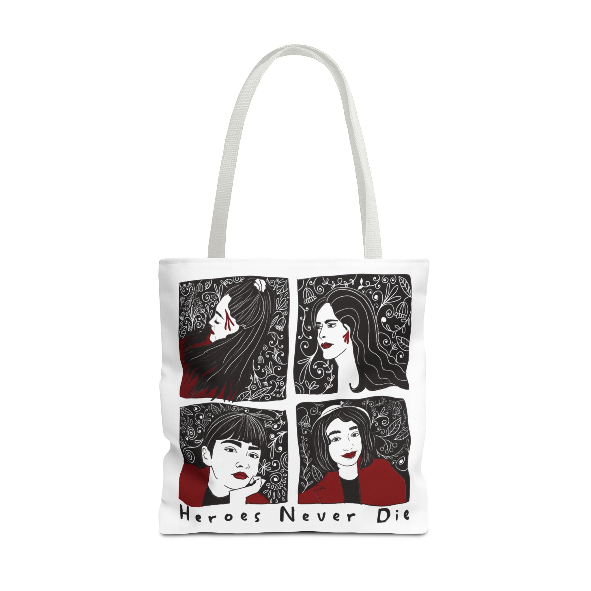 Heroes Never Die Tote Bag — Illustrated Female Portraits Printed Canvas Tote