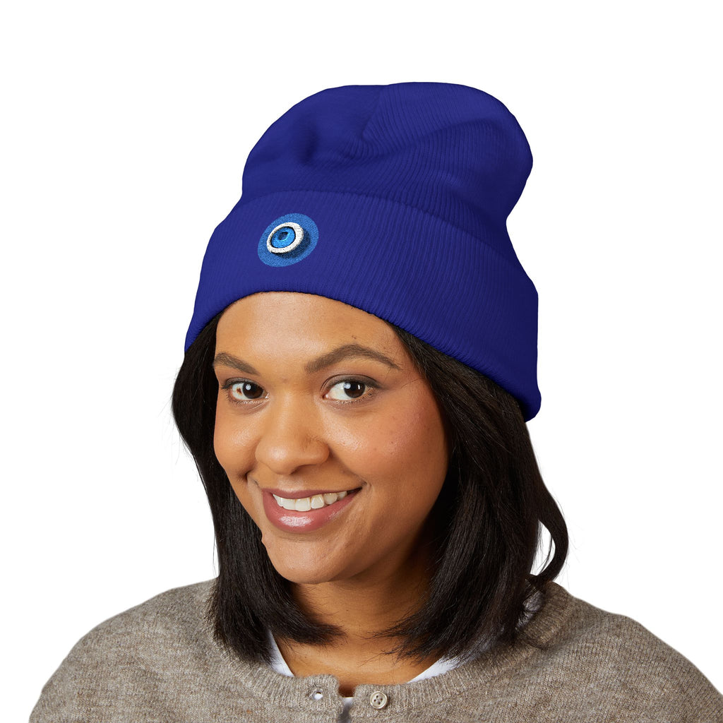 Evil Eye Embroidered Cuffed Beanie — Protective Blue Amulet Winter Hat