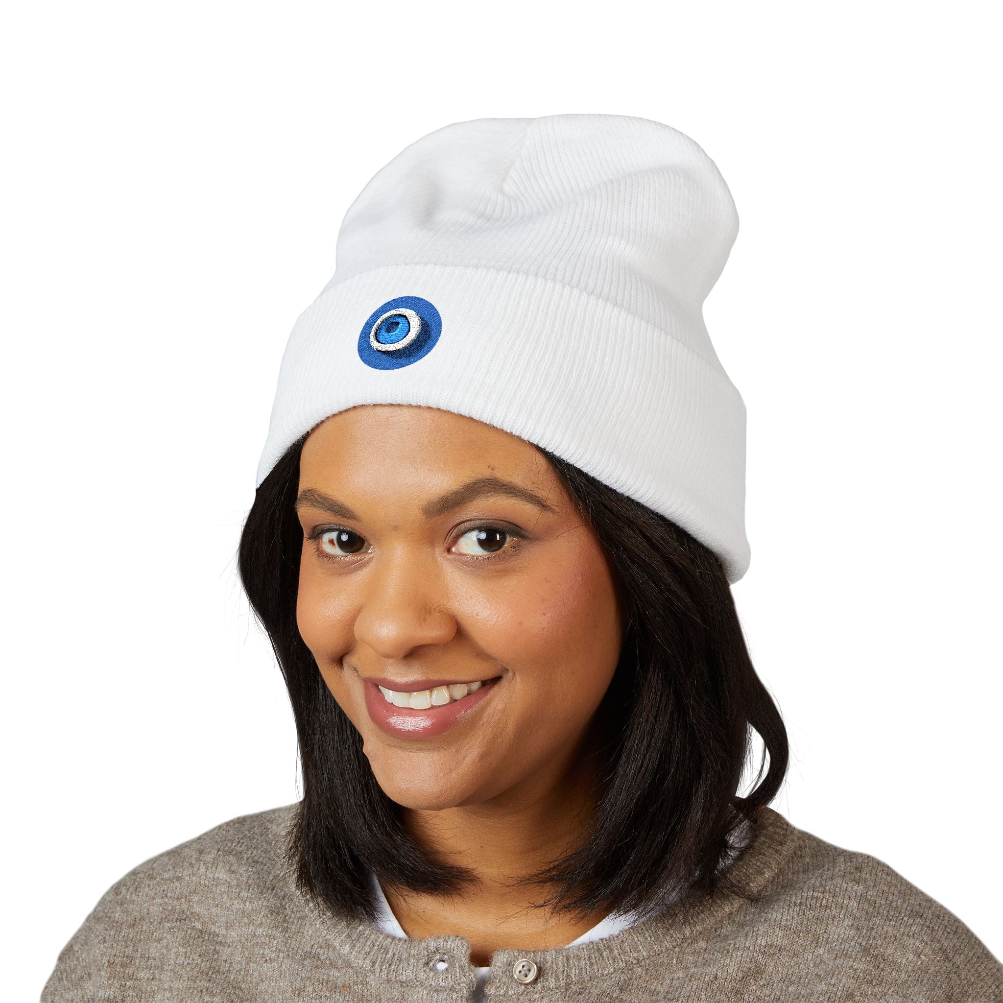 Evil Eye Embroidered Cuffed Beanie — Protective Blue Amulet Winter Hat