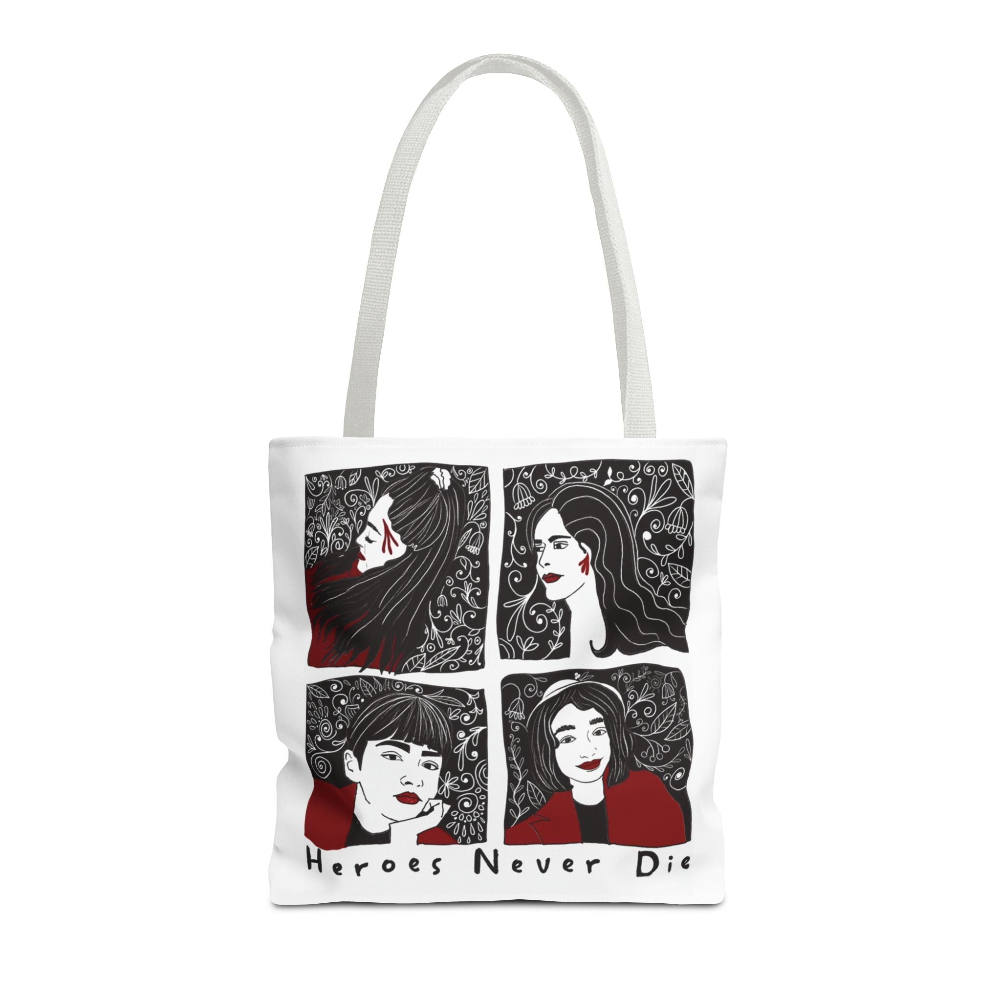 Heroes Never Die Tote Bag — Illustrated Female Portraits Printed Canvas Tote