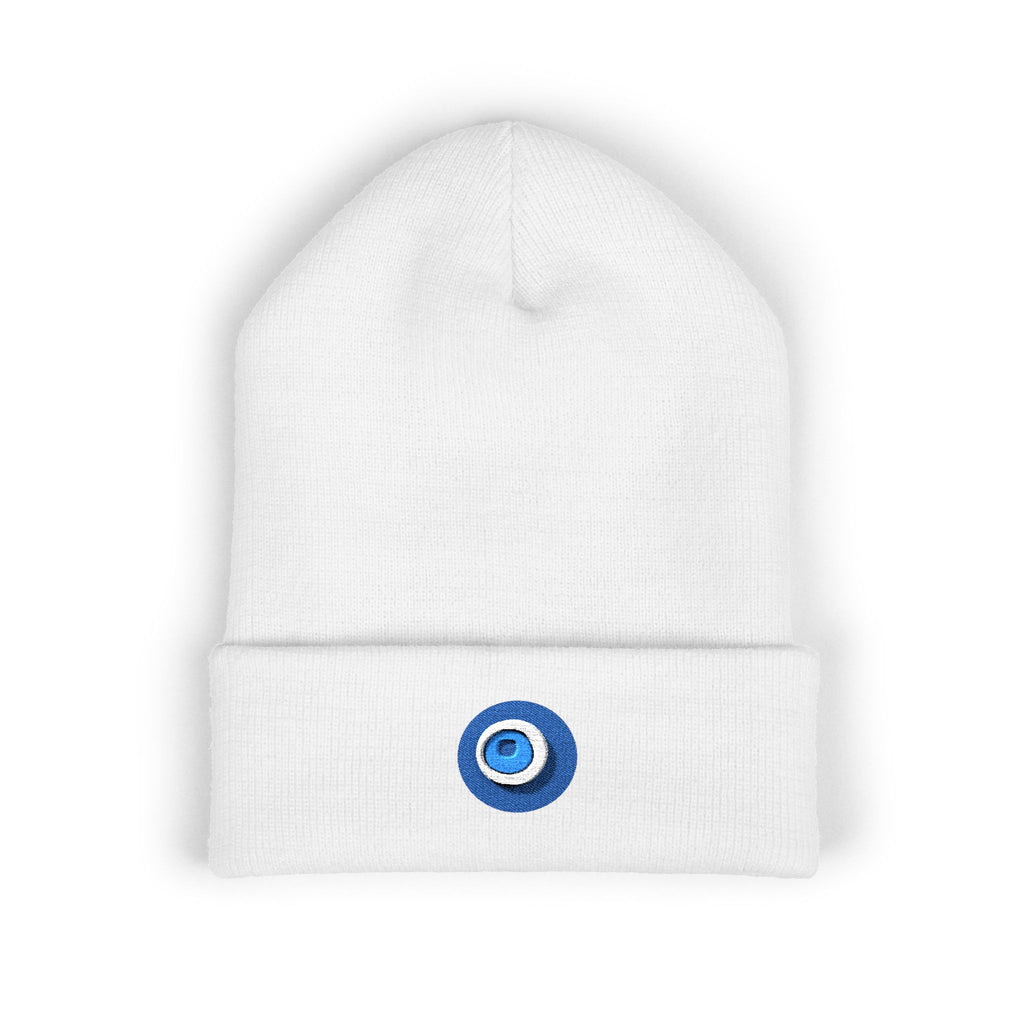 Evil Eye Embroidered Cuffed Beanie — Protective Blue Amulet Winter Hat