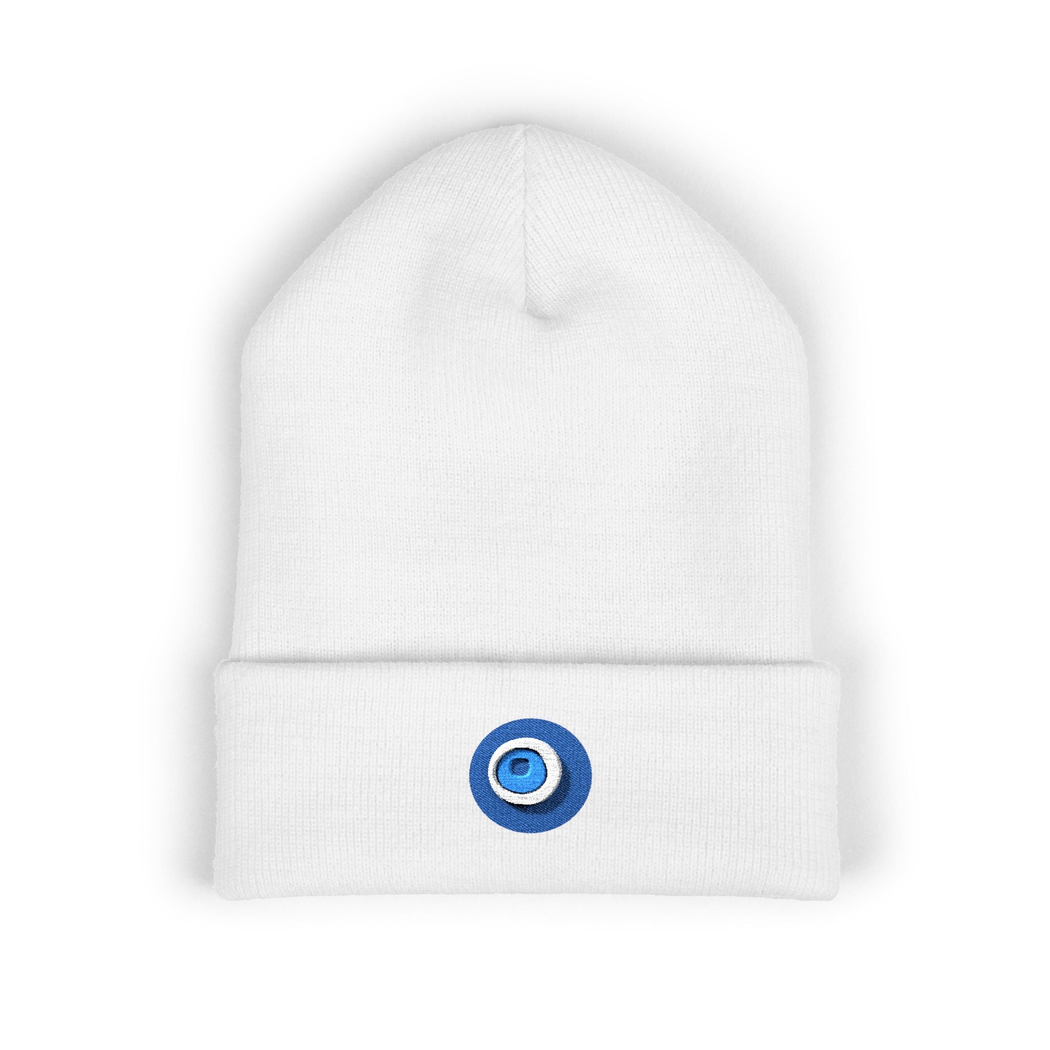 Evil Eye Embroidered Cuffed Beanie — Protective Blue Amulet Winter Hat