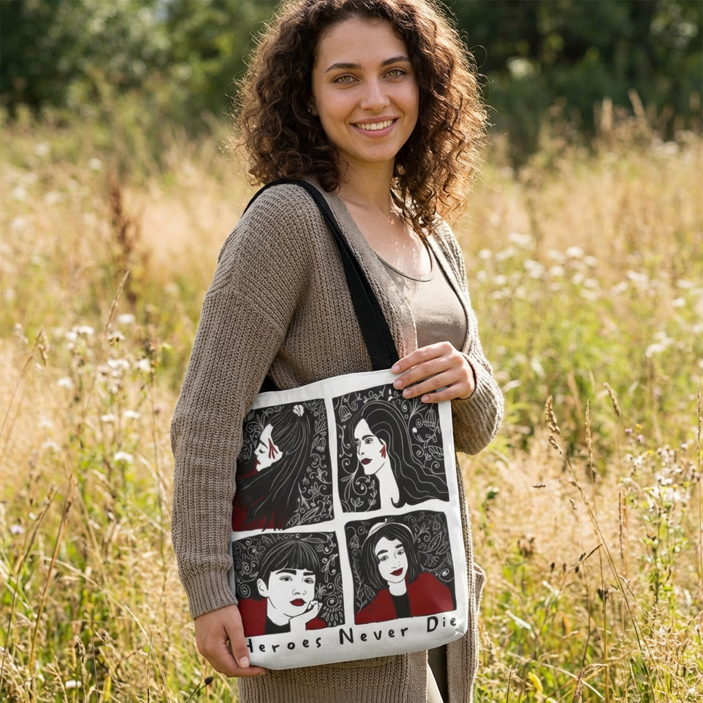 Heroes Never Die Tote Bag — Illustrated Female Portraits Printed Canvas Tote