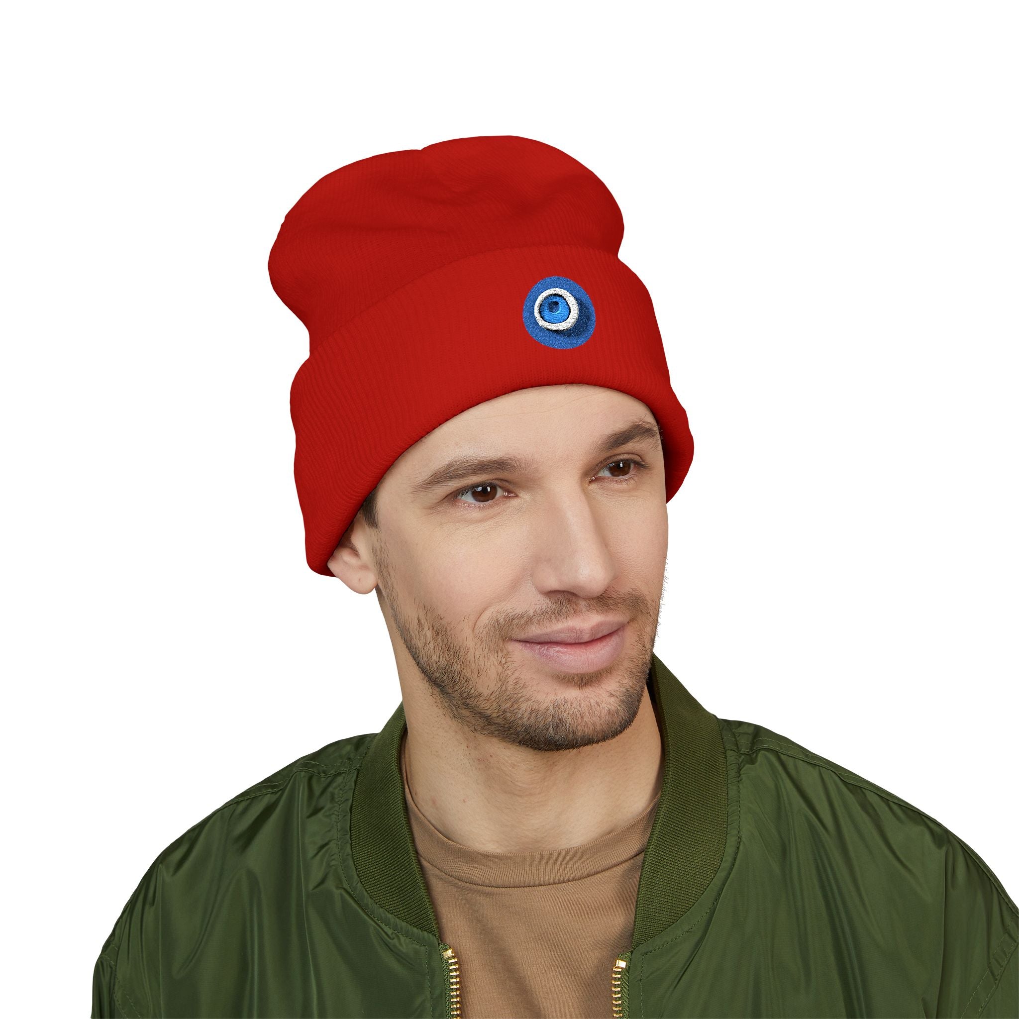 Evil Eye Embroidered Cuffed Beanie — Protective Blue Amulet Winter Hat