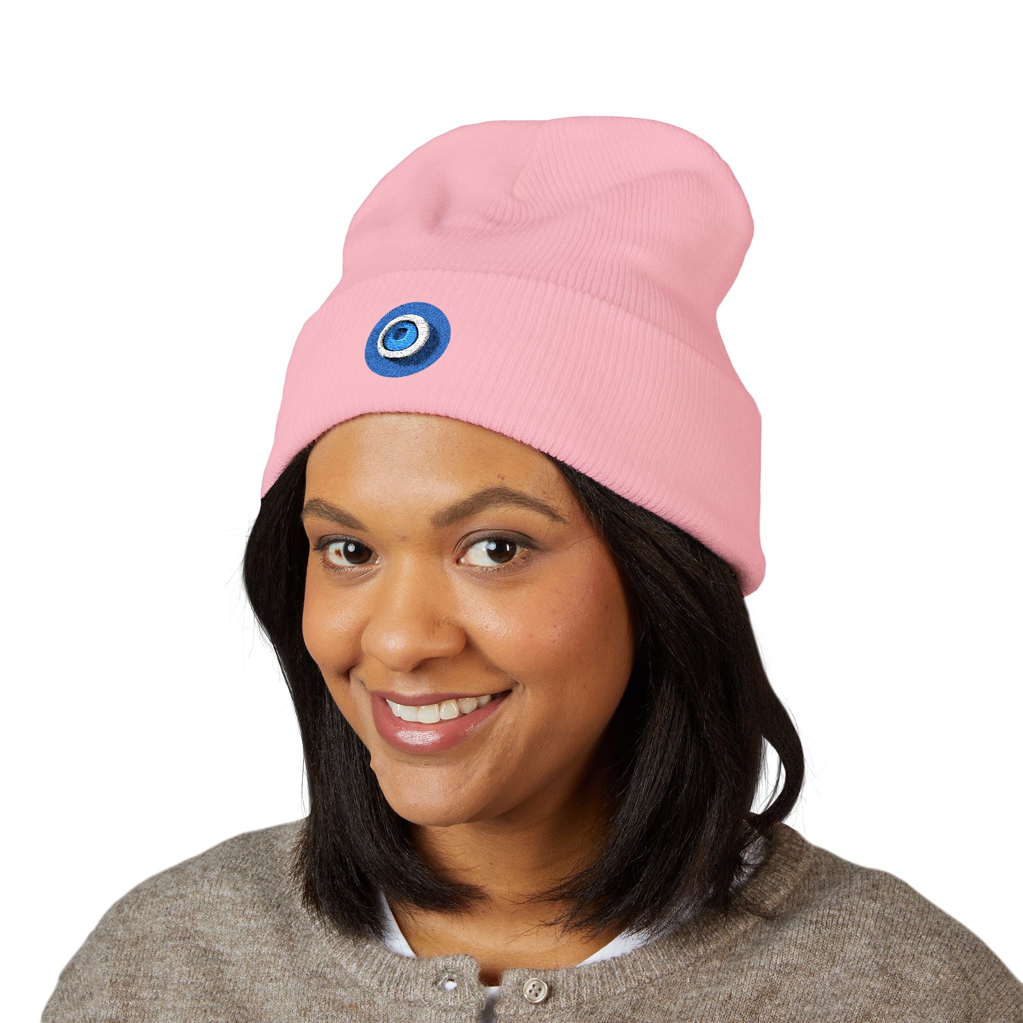 Evil Eye Embroidered Cuffed Beanie — Protective Blue Amulet Winter Hat