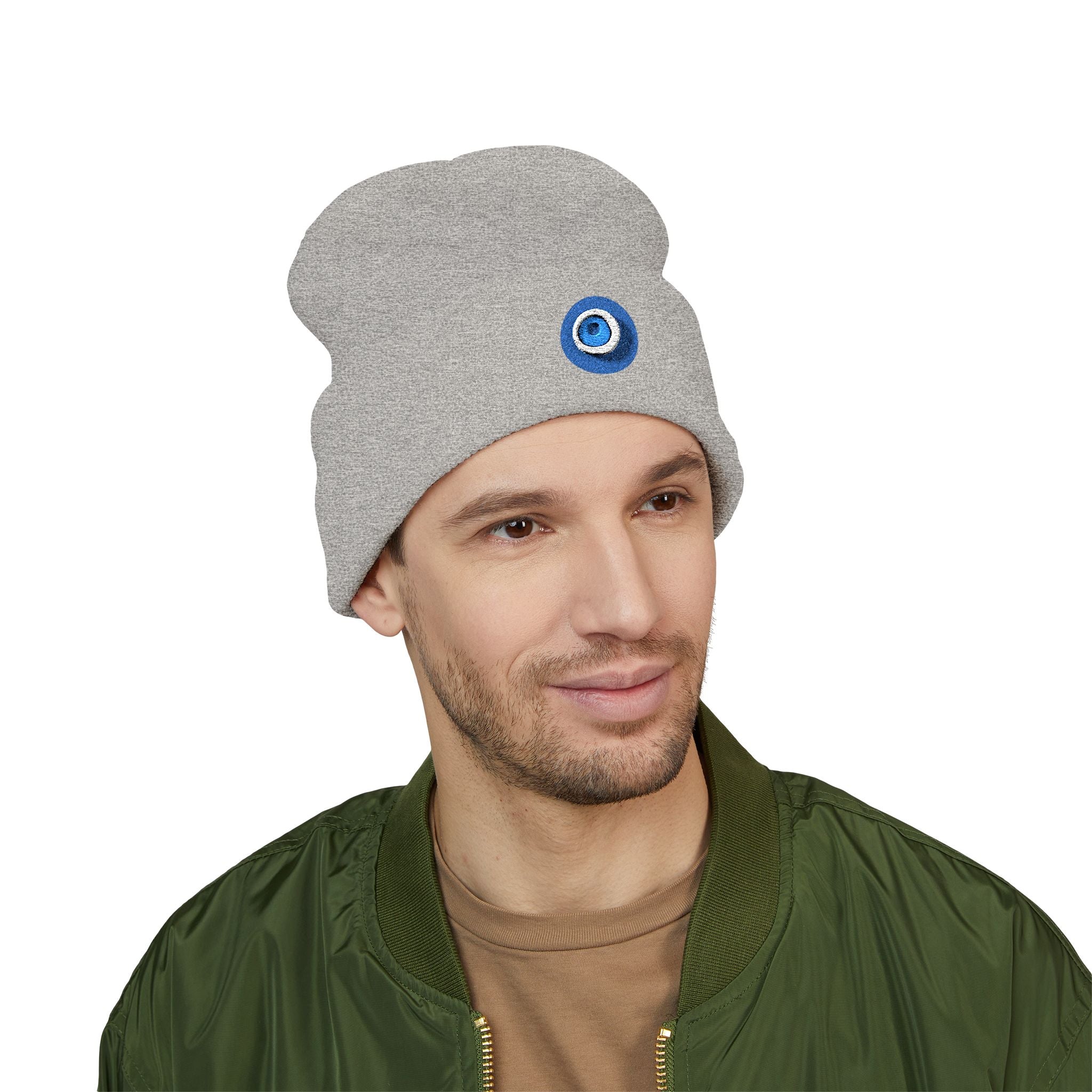 Evil Eye Embroidered Cuffed Beanie — Protective Blue Amulet Winter Hat