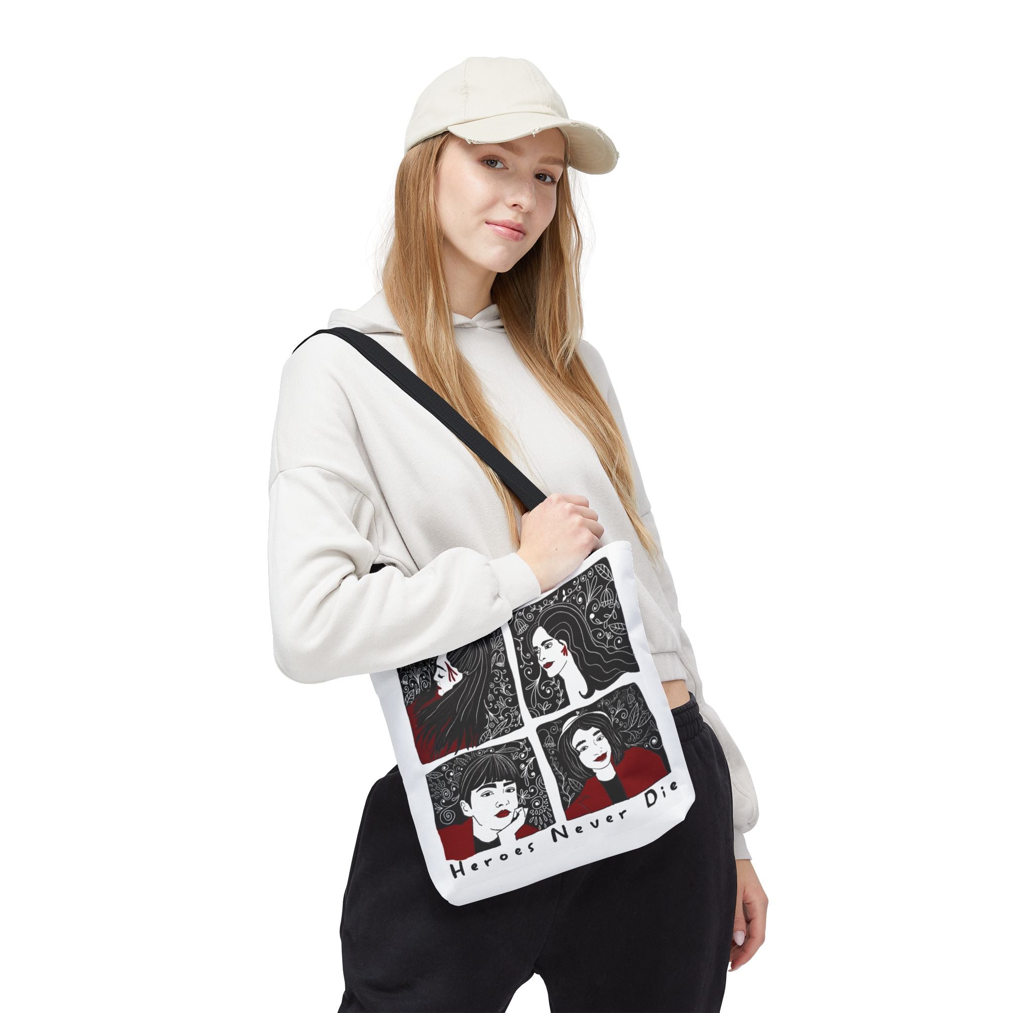 Heroes Never Die Tote Bag — Illustrated Female Portraits Printed Canvas Tote