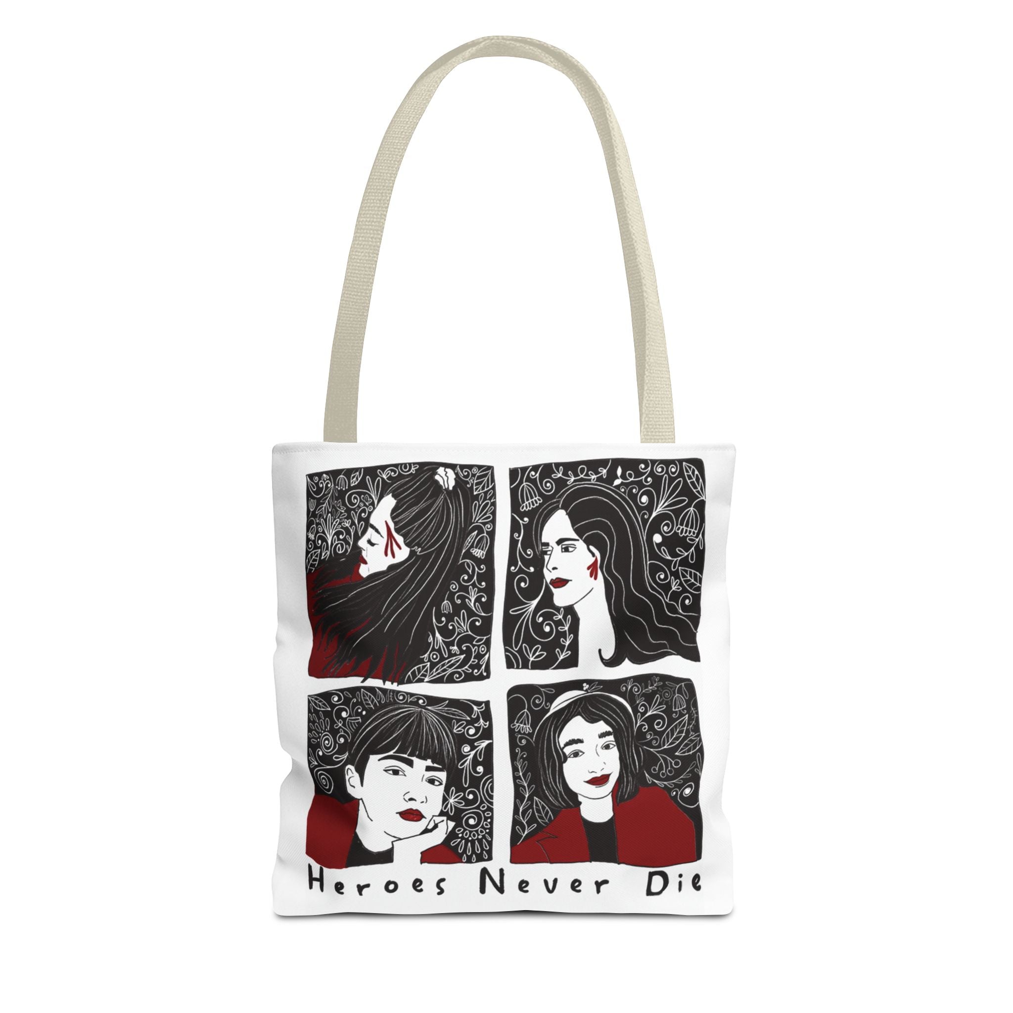 Heroes Never Die Tote Bag — Illustrated Female Portraits Printed Canvas Tote
