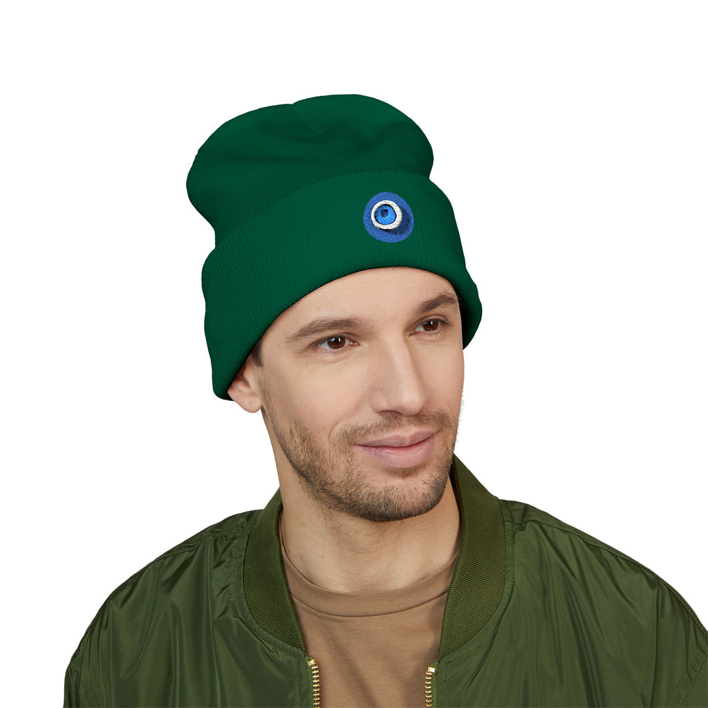 Evil Eye Embroidered Cuffed Beanie — Protective Blue Amulet Winter Hat
