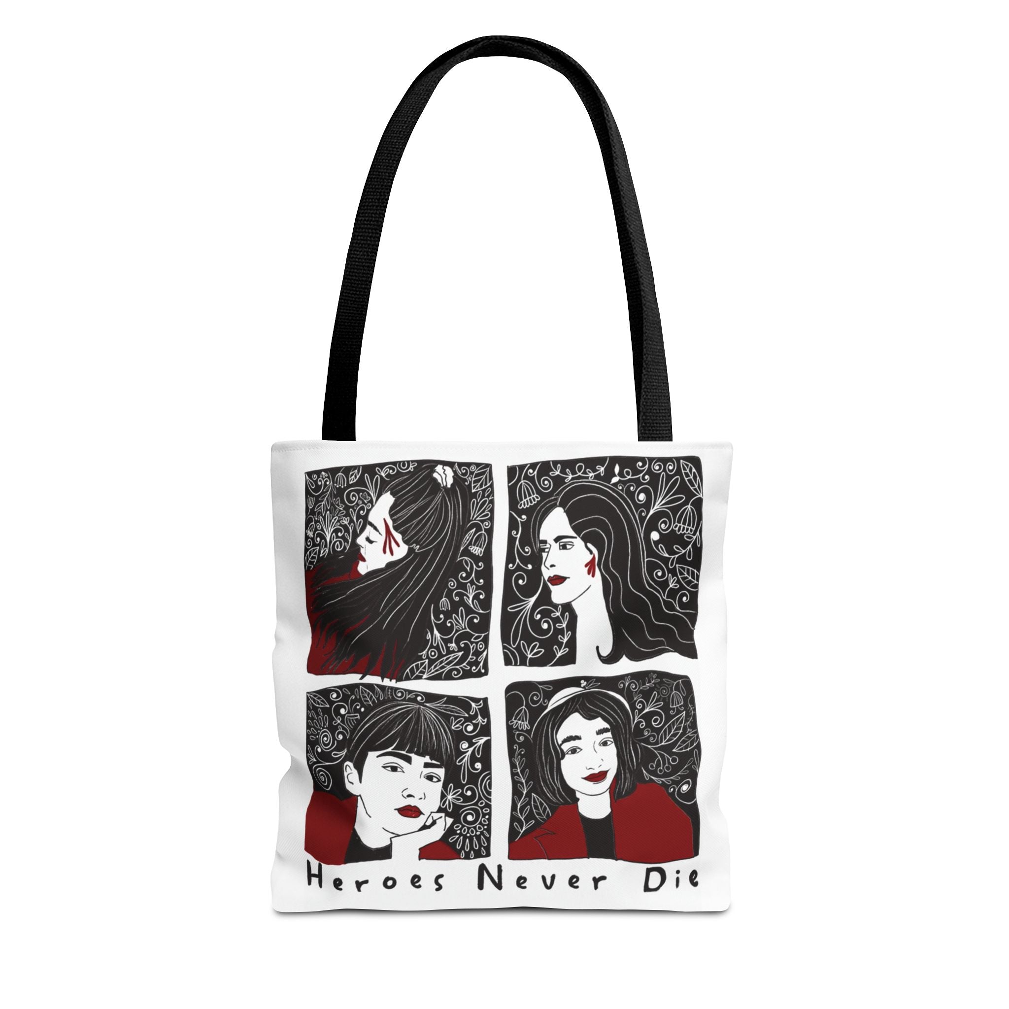 Heroes Never Die Tote Bag — Illustrated Female Portraits Printed Canvas Tote