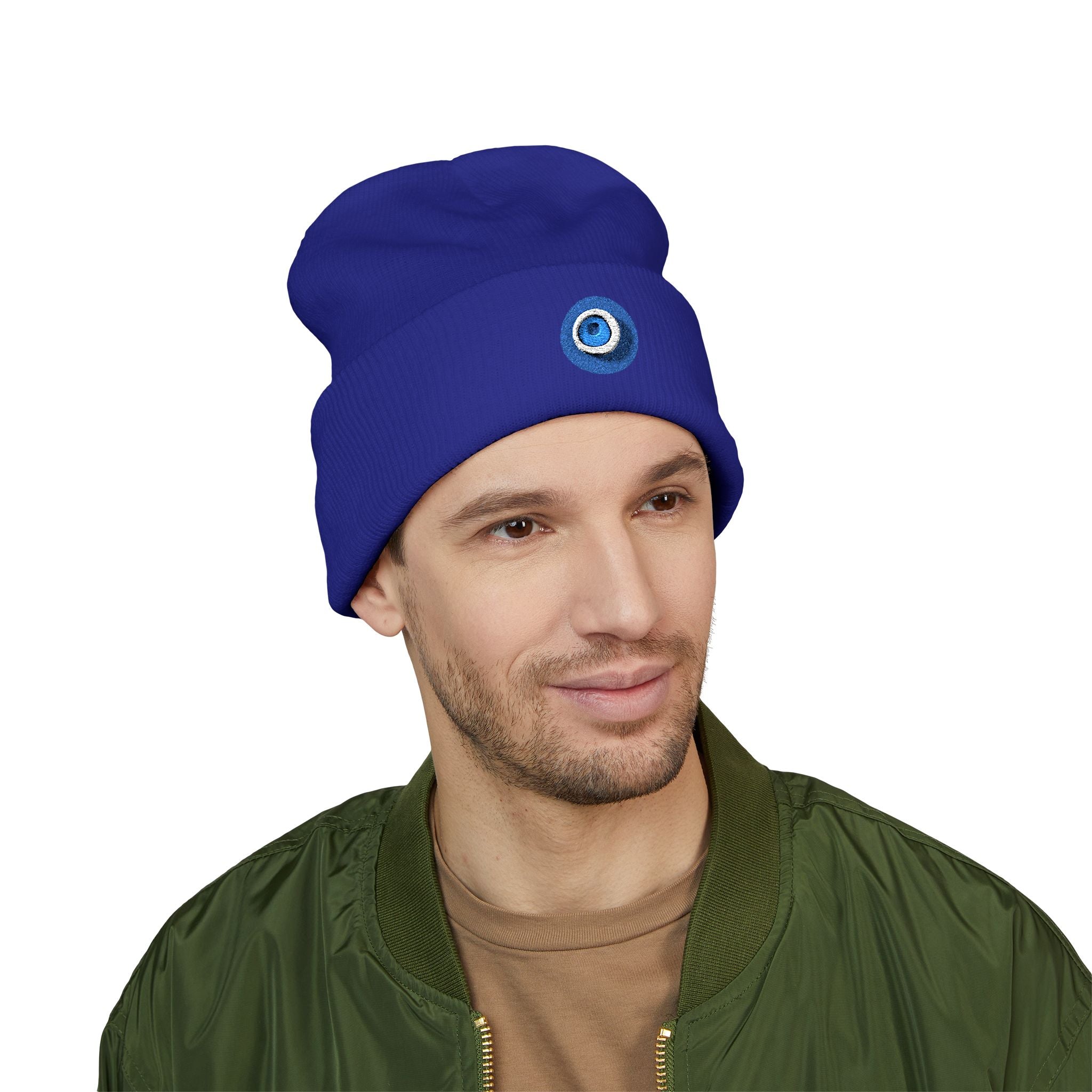 Evil Eye Embroidered Cuffed Beanie — Protective Blue Amulet Winter Hat
