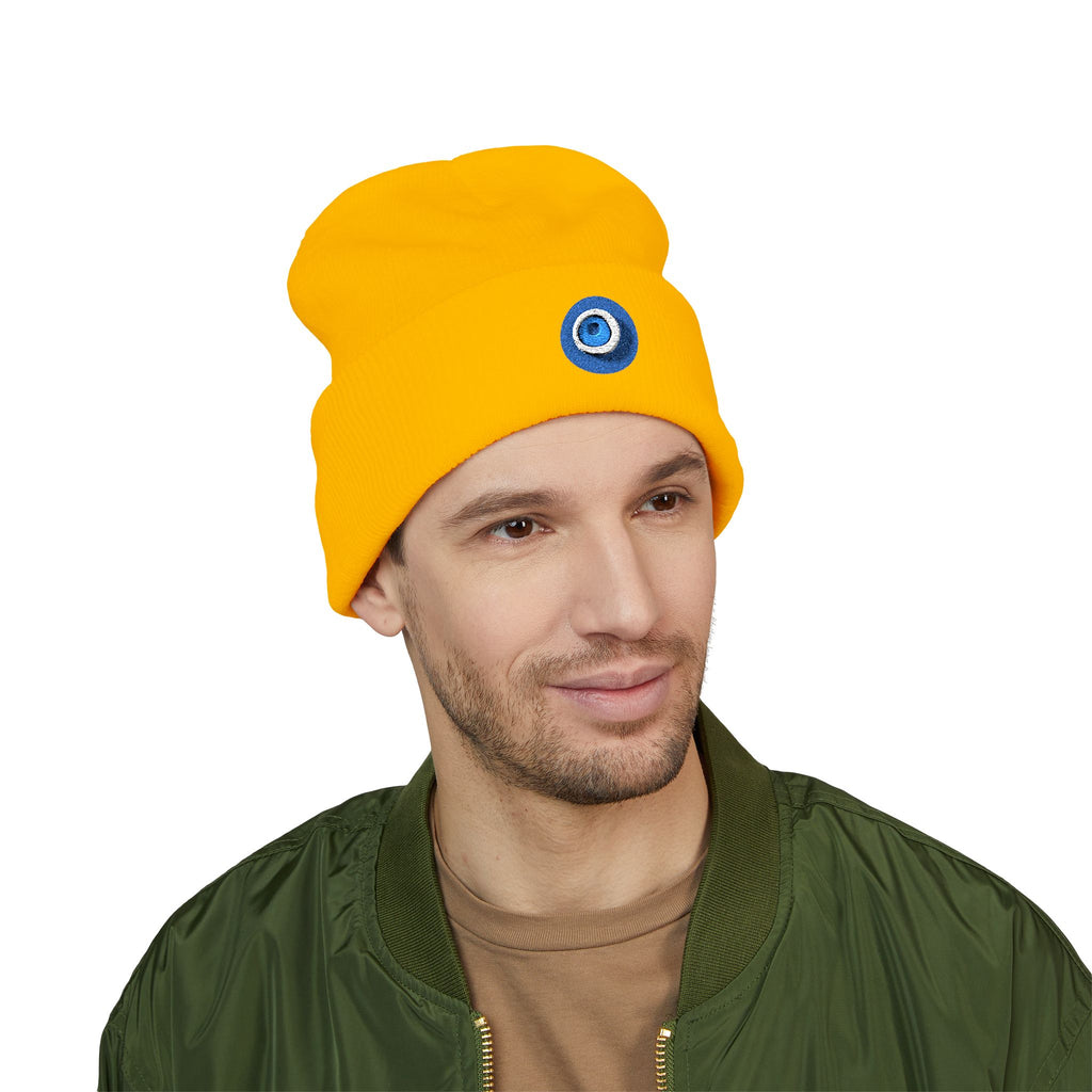Evil Eye Embroidered Cuffed Beanie — Protective Blue Amulet Winter Hat