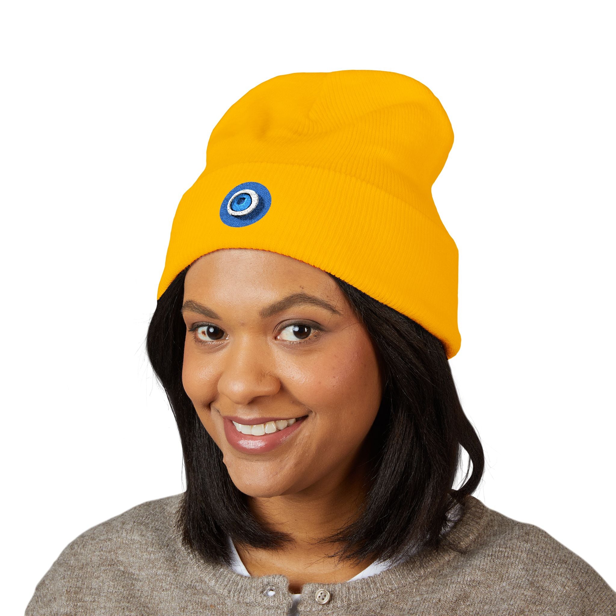 Evil Eye Embroidered Cuffed Beanie — Protective Blue Amulet Winter Hat