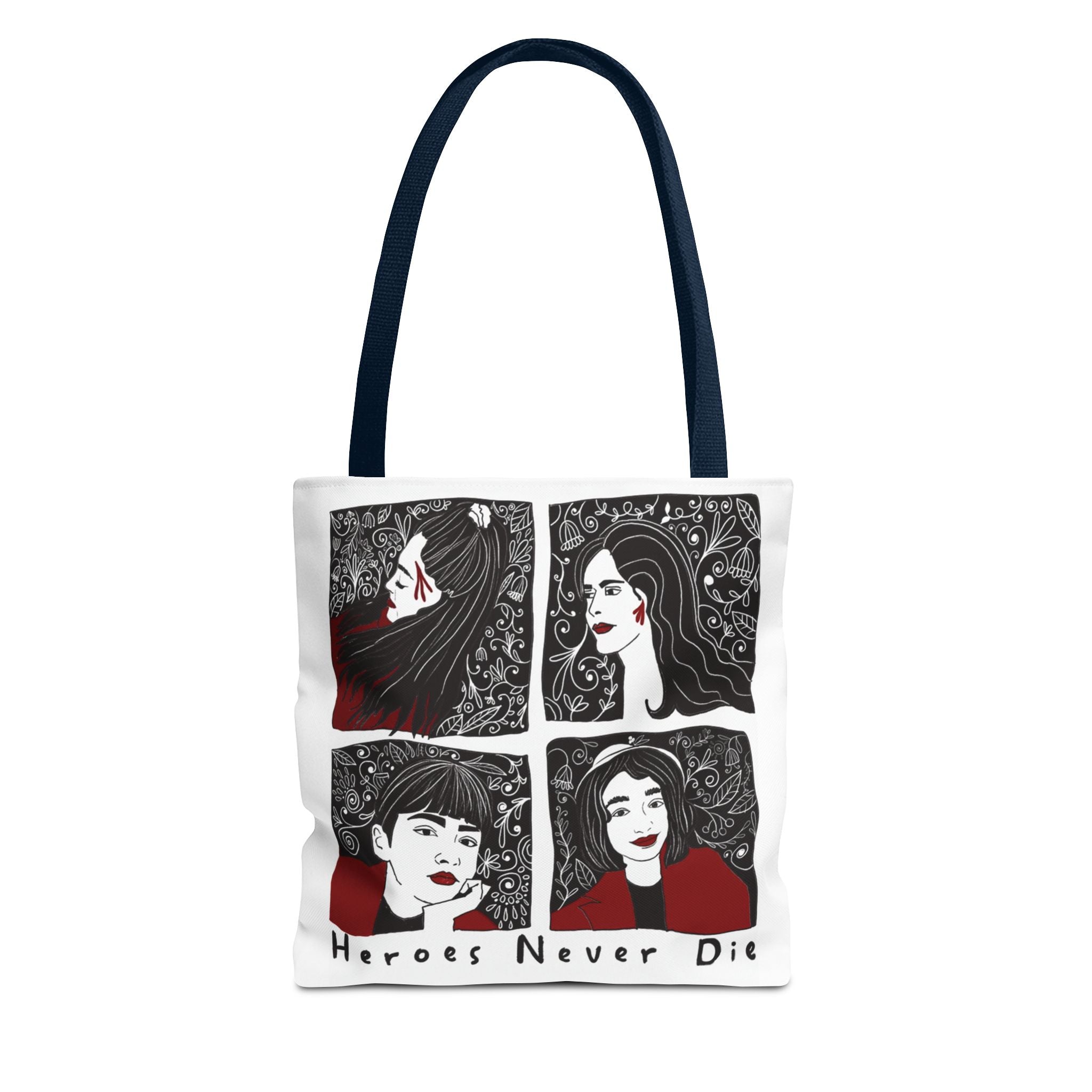 Heroes Never Die Tote Bag — Illustrated Female Portraits Printed Canvas Tote