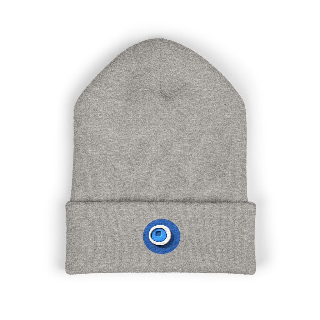 Evil Eye Embroidered Cuffed Beanie — Protective Blue Amulet Winter Hat
