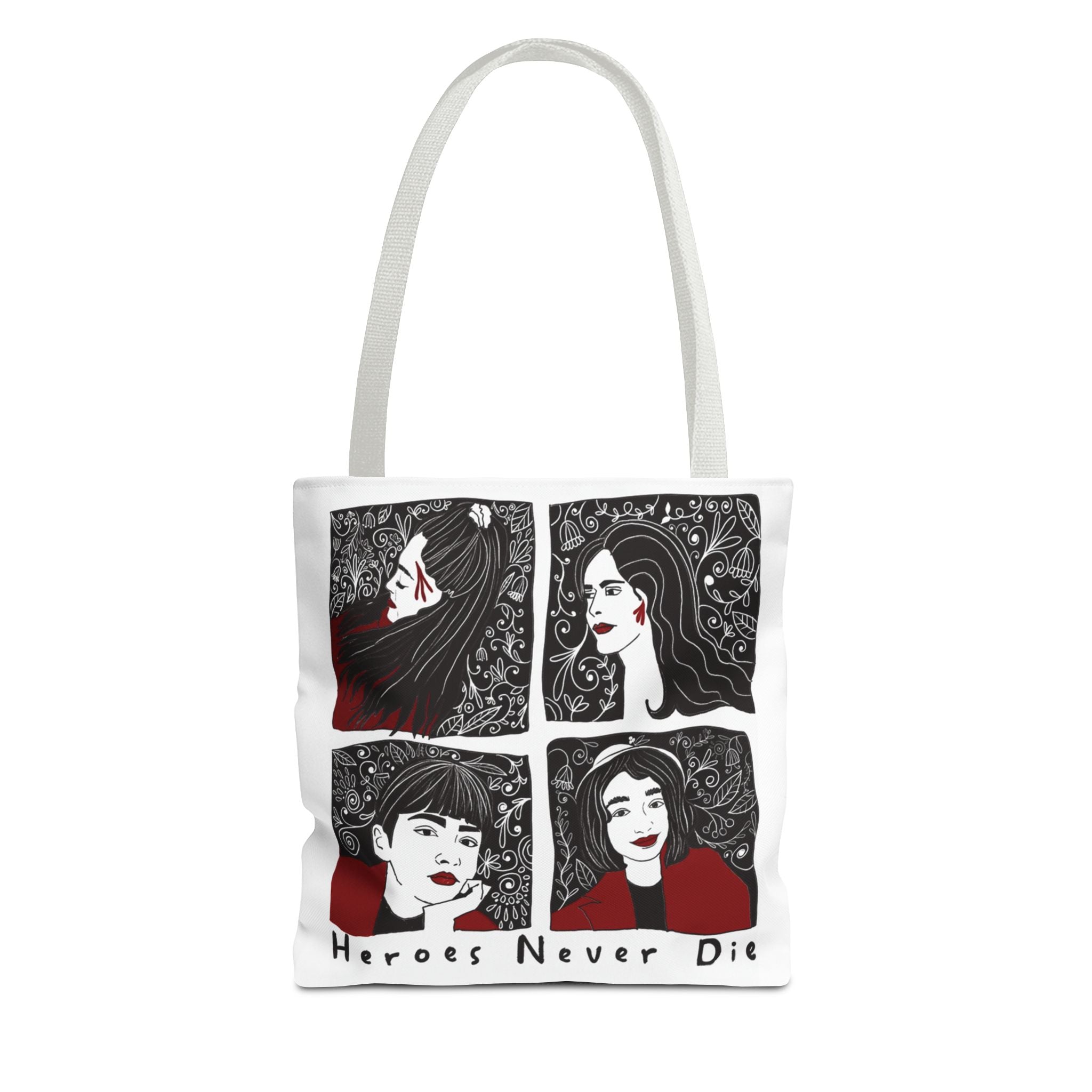 Heroes Never Die Tote Bag — Illustrated Female Portraits Printed Canvas Tote