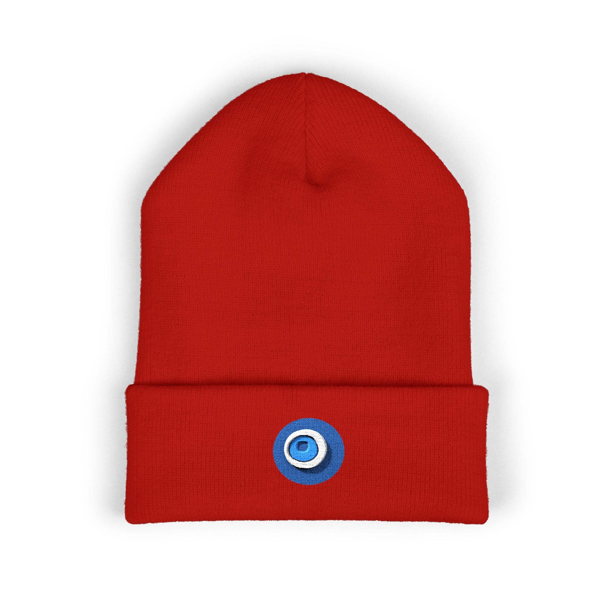 Evil Eye Embroidered Cuffed Beanie — Protective Blue Amulet Winter Hat