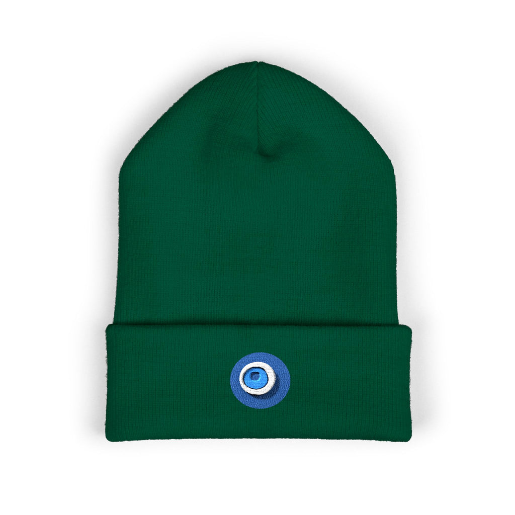 Evil Eye Embroidered Cuffed Beanie — Protective Blue Amulet Winter Hat