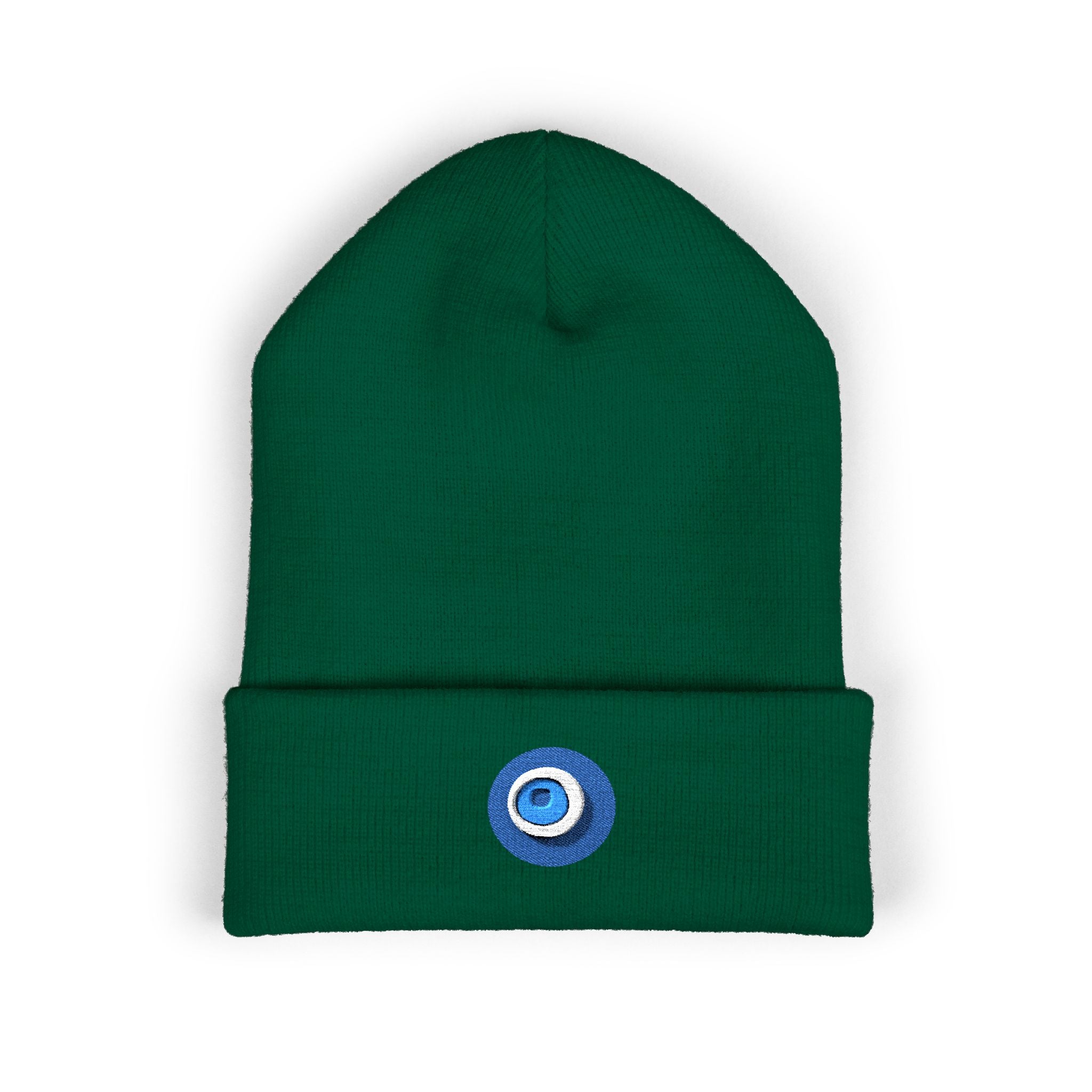 Evil Eye Embroidered Cuffed Beanie — Protective Blue Amulet Winter Hat