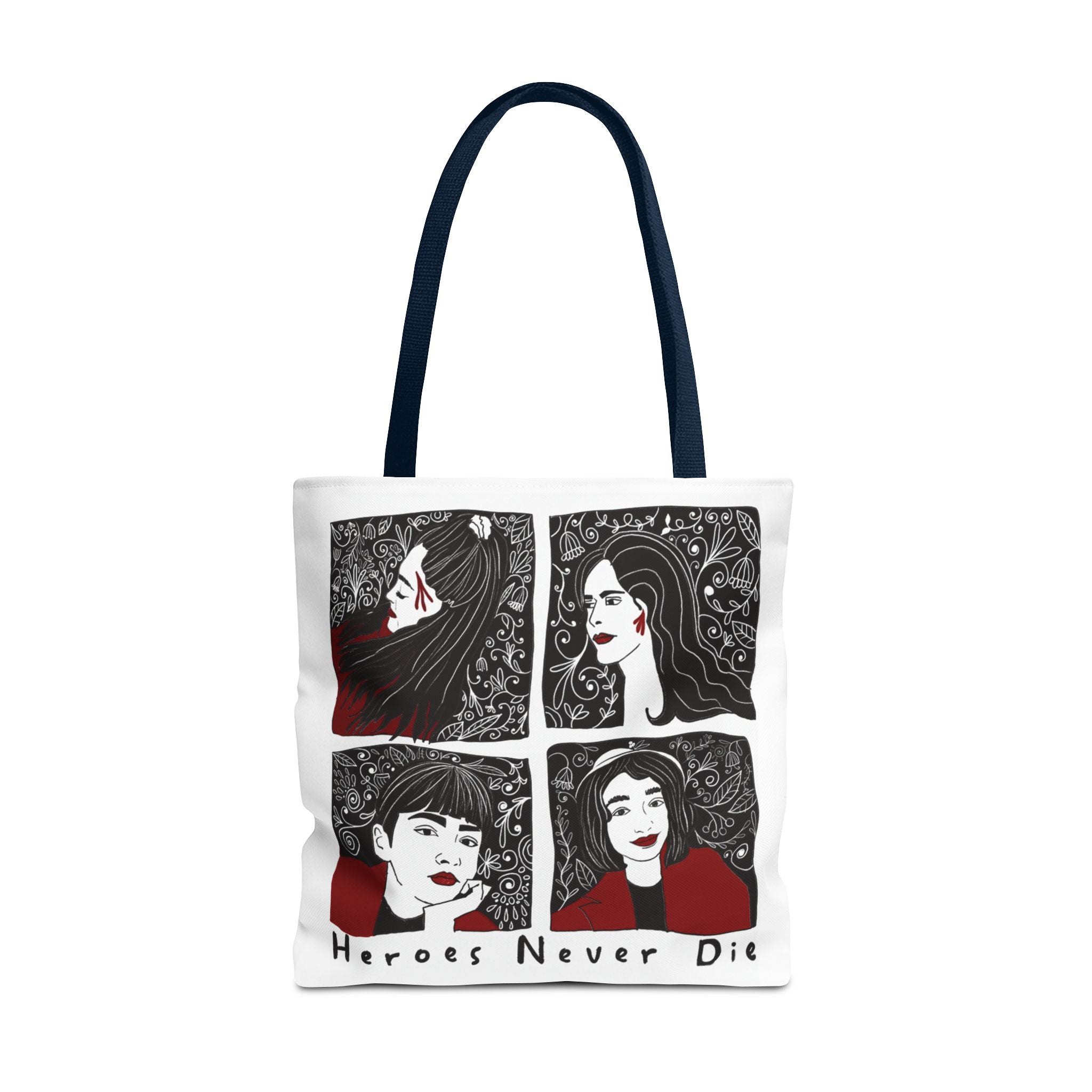 Heroes Never Die Tote Bag — Illustrated Female Portraits Printed Canvas Tote