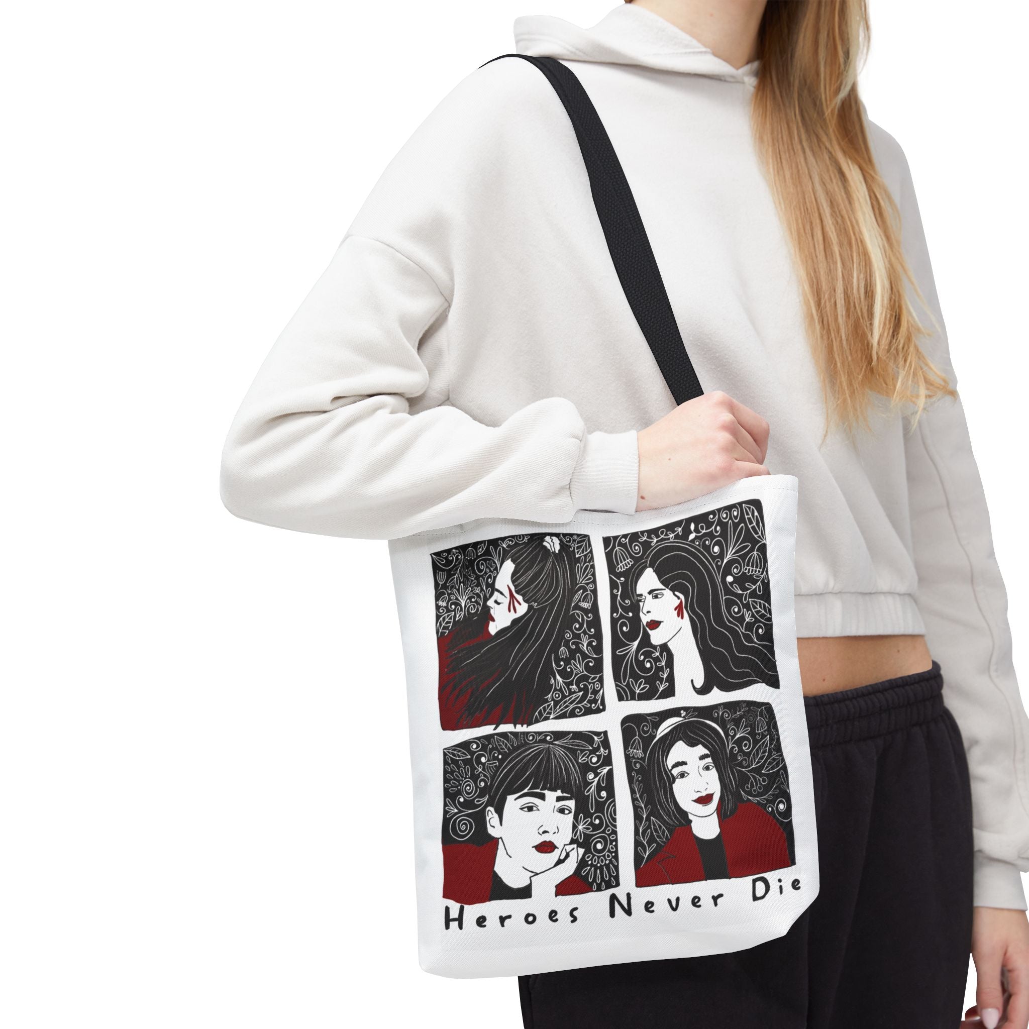 Heroes Never Die Tote Bag — Illustrated Female Portraits Printed Canvas Tote