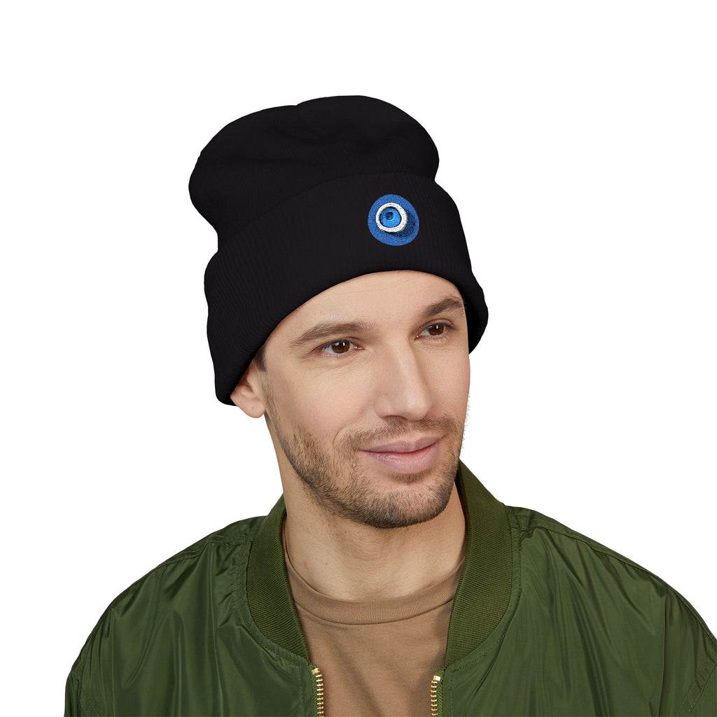 Evil Eye Embroidered Cuffed Beanie — Protective Blue Amulet Winter Hat