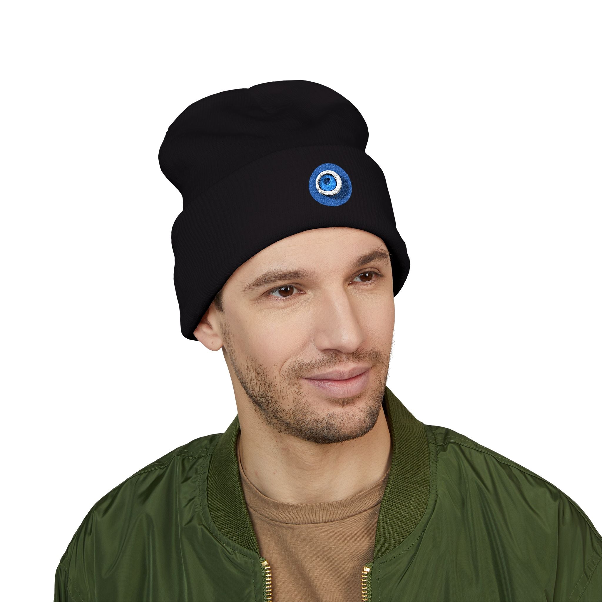 Evil Eye Embroidered Cuffed Beanie — Protective Blue Amulet Winter Hat