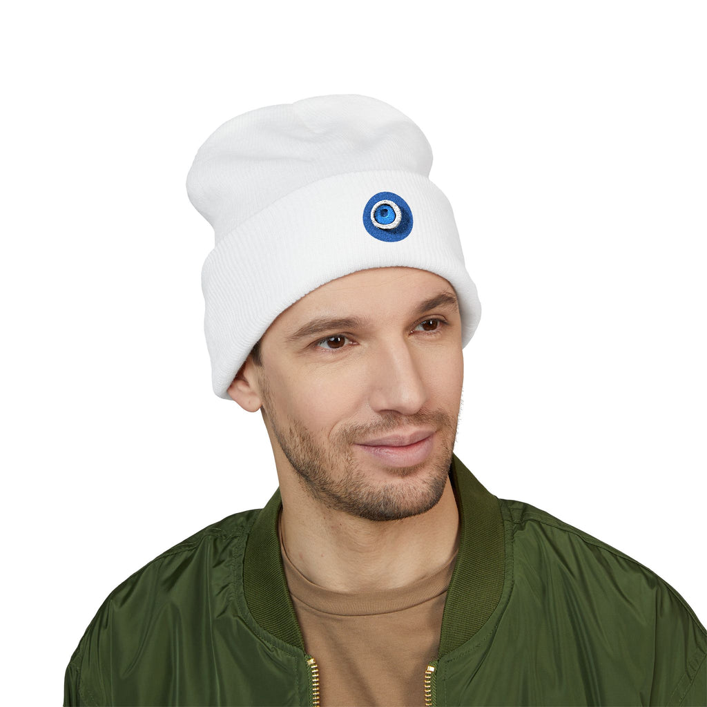 Evil Eye Embroidered Cuffed Beanie — Protective Blue Amulet Winter Hat