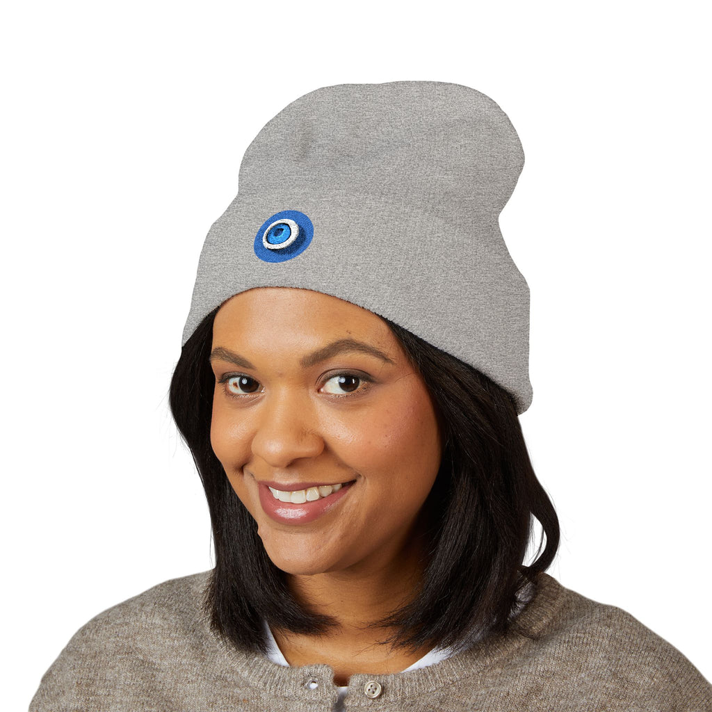 Evil Eye Embroidered Cuffed Beanie — Protective Blue Amulet Winter Hat