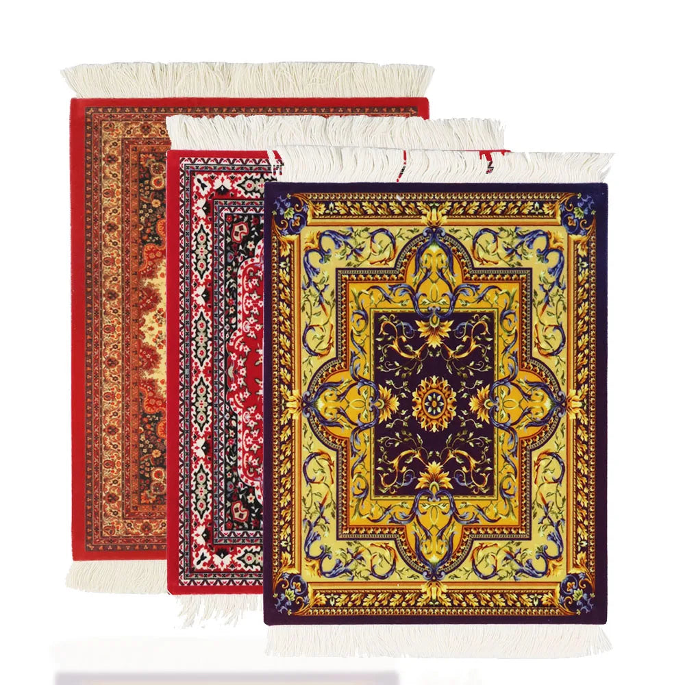 Persian Rug Pattern Mouse Pad — Mini Woven Carpet Mousepad with Fringe for Home & Office
