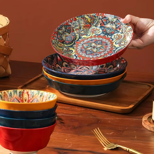 Bohemian Ceramic Tableware Set — 7 Piece with Dessert Plates, Steak Plate, Pasta & Soup Bowls