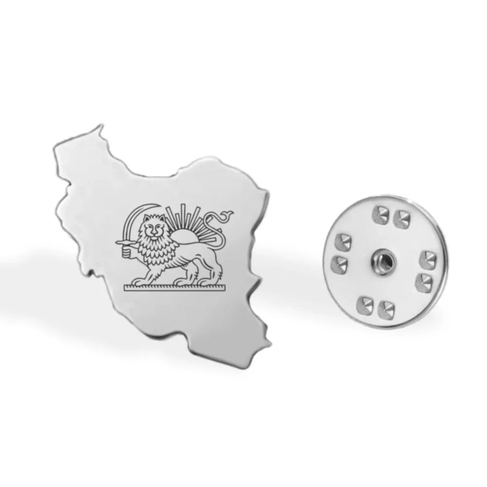 Persian Lion & Sun Iran Map Flag Pin Brooch — Lightweight Stainless Steel Jewelry Gift