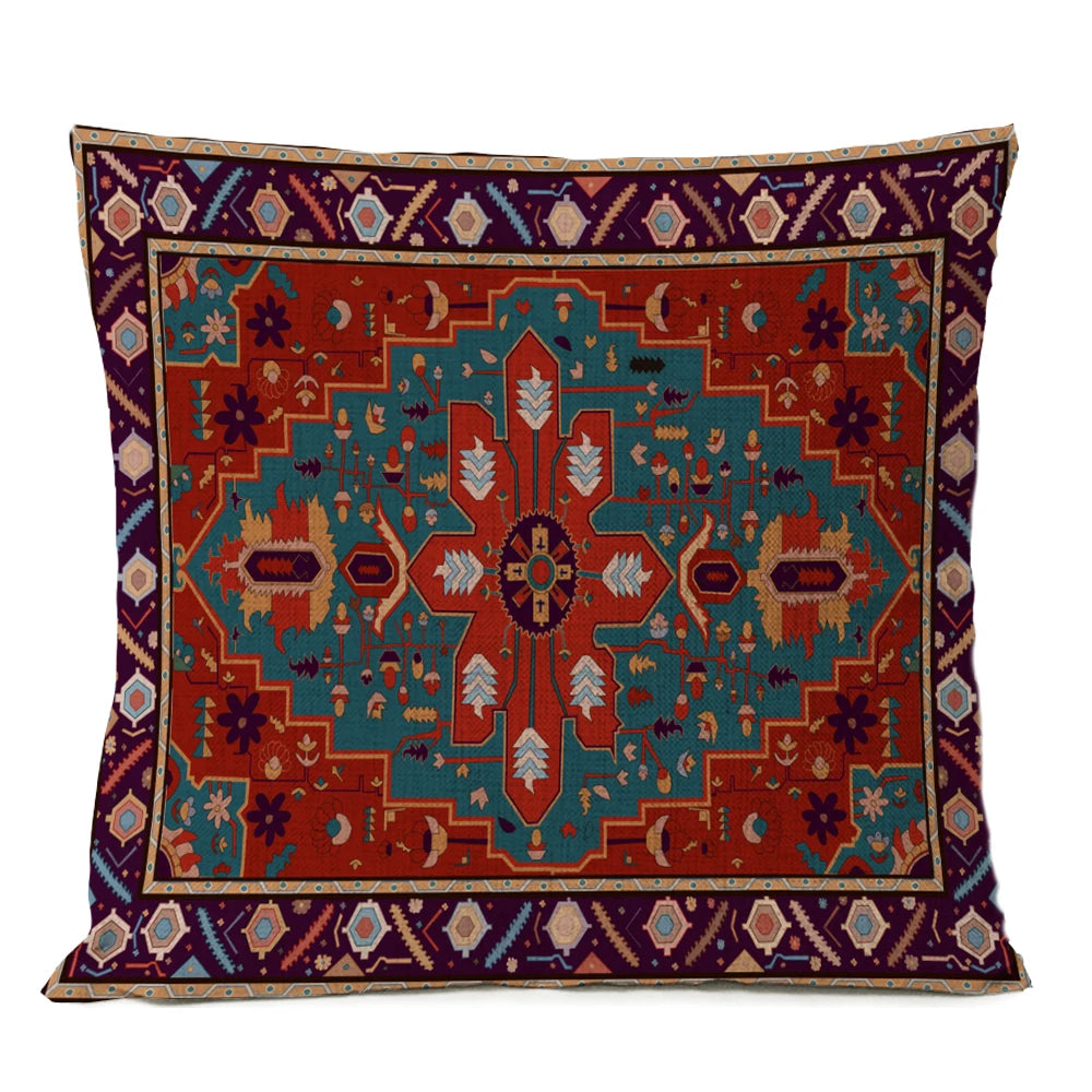 Ethnic Persian Carpet Cushion Cover — Geometric Red & Blue Tribal Pattern, 45x45cm or 50x50cm