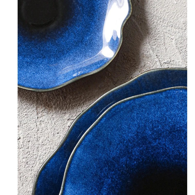 Cat Eye Blue Ceramic Flat Plate — Irregular Artisan Dinnerware & Display Dish