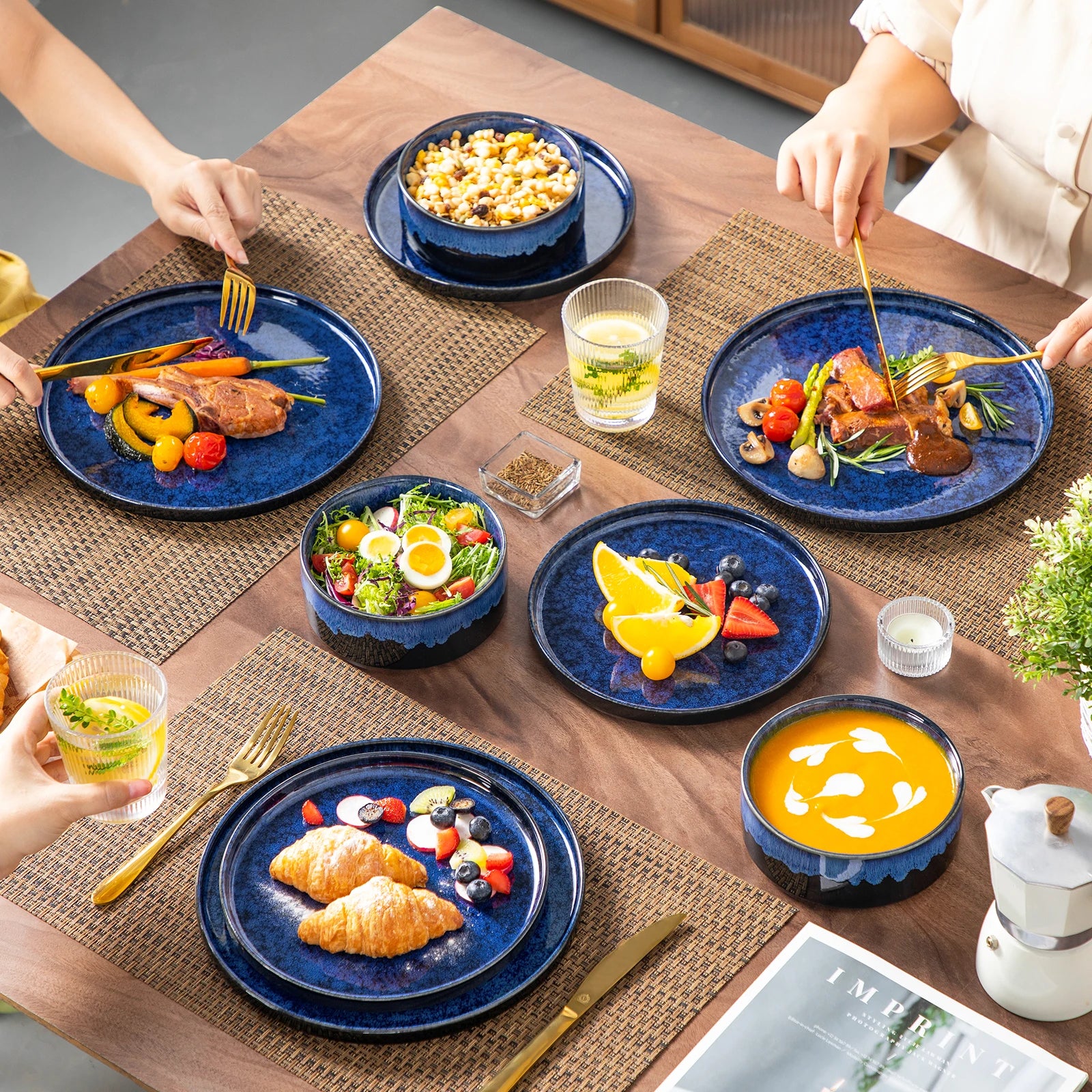 Black & Blue Reactive Glaze Ceramic Dinner Set — 12 or 24 Piece Tableware