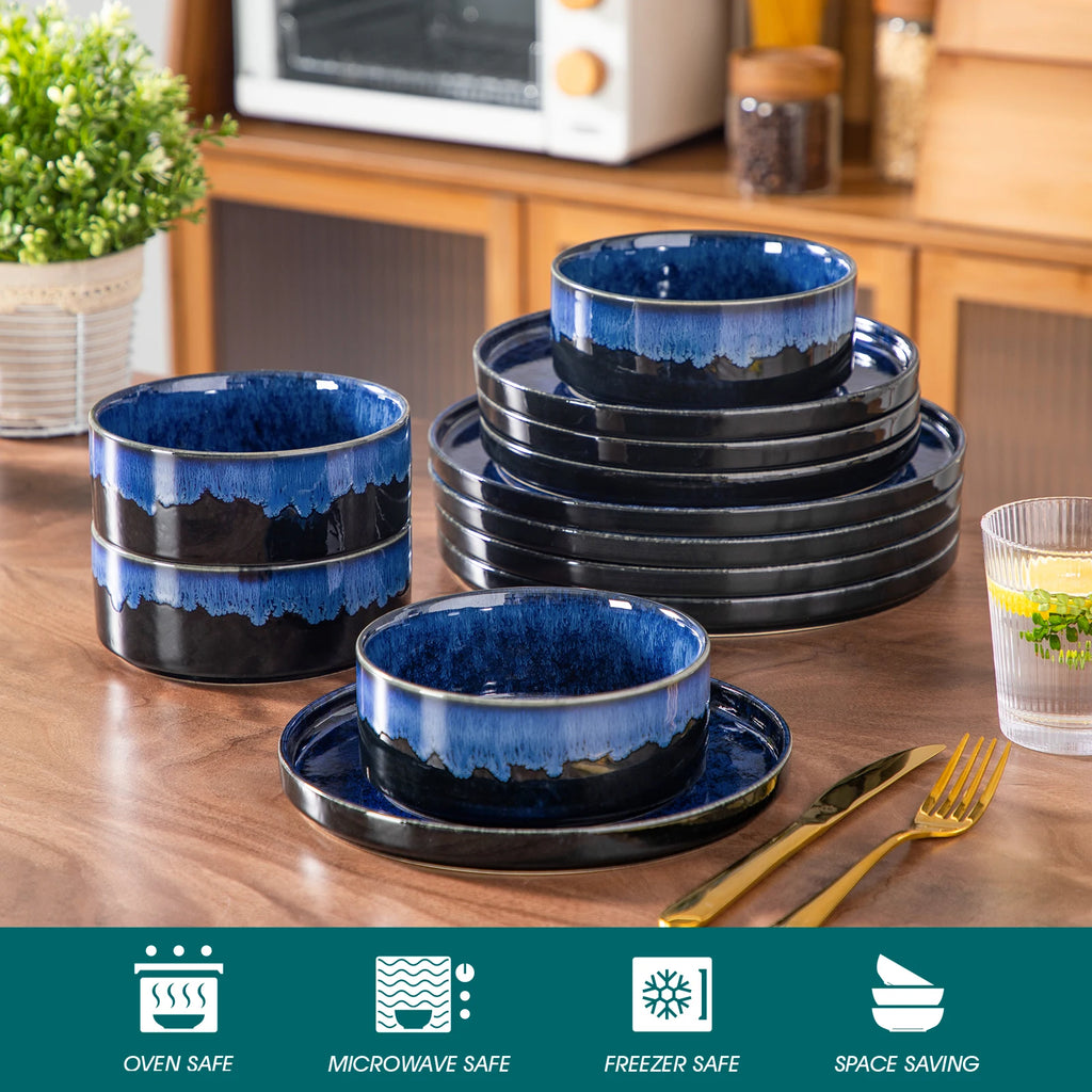 Black & Blue Reactive Glaze Ceramic Dinner Set — 12 or 24 Piece Tableware