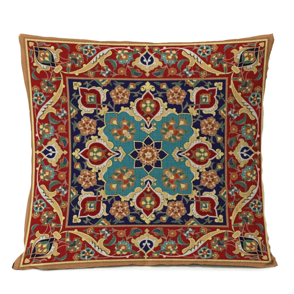 Ethnic Persian Carpet Cushion Cover — Geometric Red & Blue Tribal Pattern, 45x45cm or 50x50cm